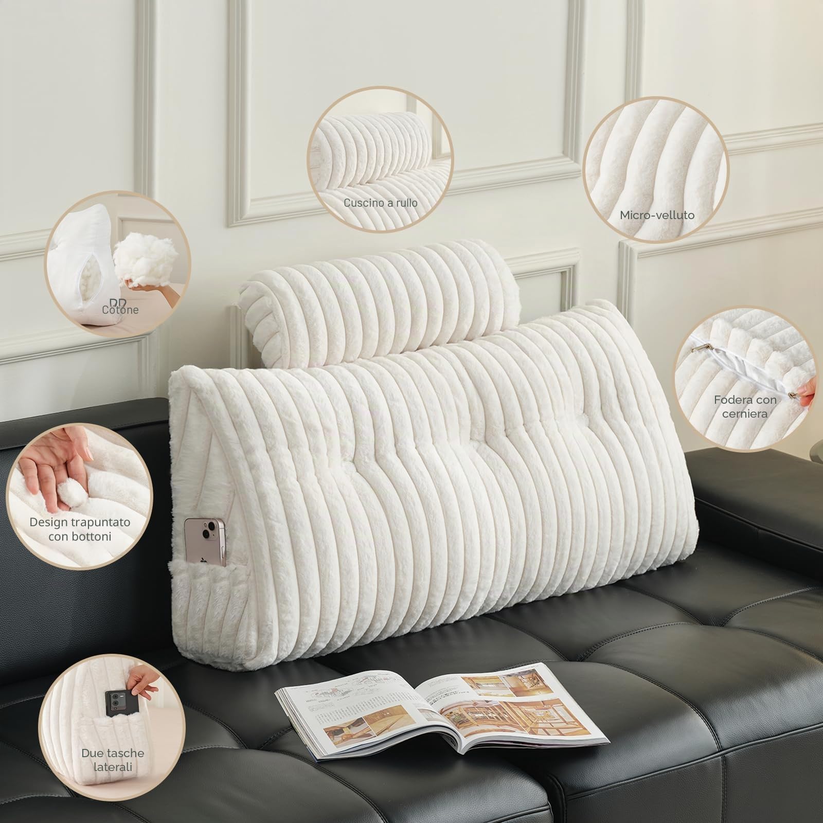Z-hom Cuscino Schienale, Cuscino triangolare per testiera con fodera rimovibile, Cuscino da lettura per letto, cuscino schienale divano, cuscino da lettura, Varietà a fibra lunga (150 x 50 x 20 cm)