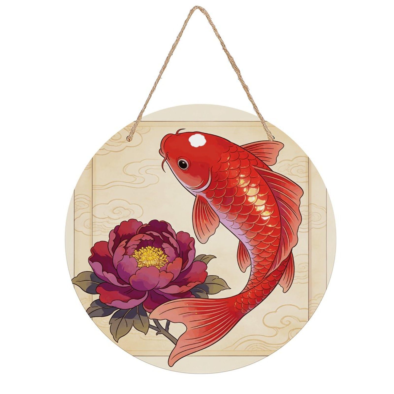 LZQPOEAS Koi Carp Bring Spring Round Wood Wall Art Painting, 7.9 Inch Circular Wooden Door Hanger Decorative Paintings, Rope-Hanging Wooden Wall Plaque for Home Decor And Office Party