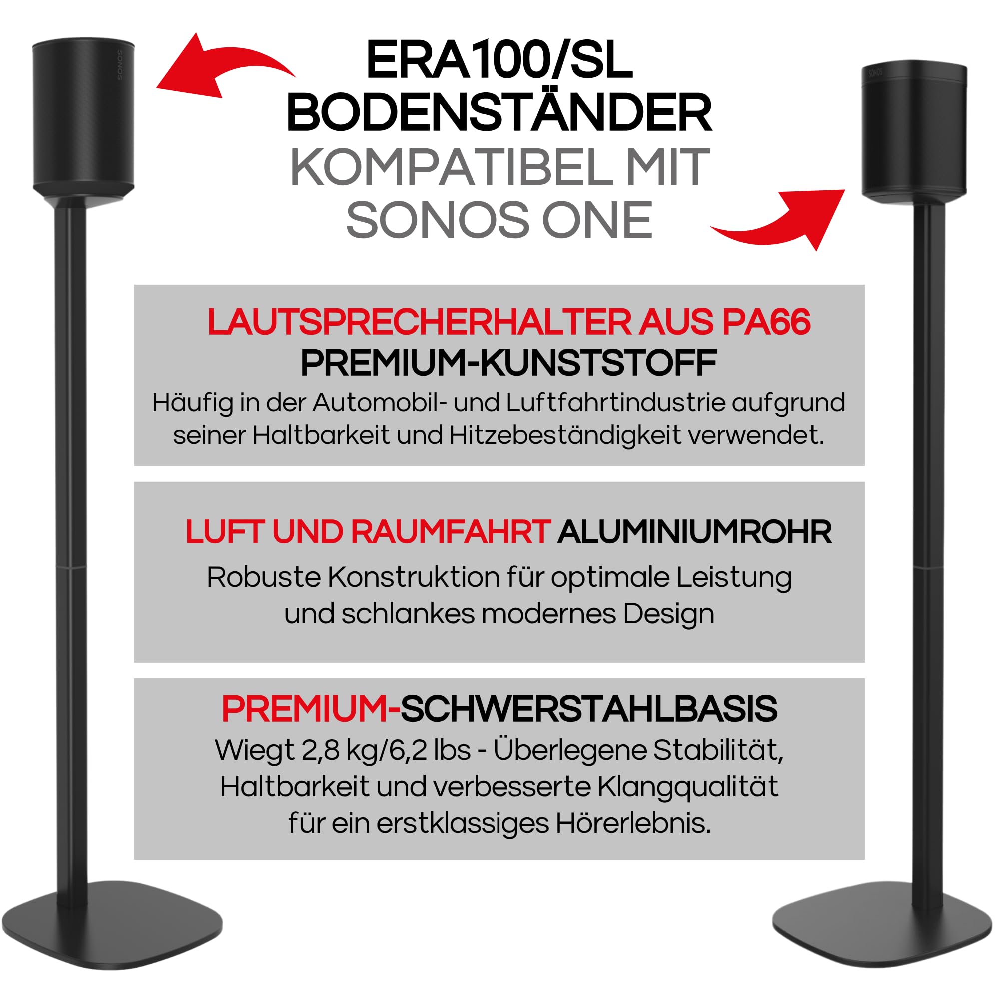 Sound Bass ERA 100 Bodenständer, Doppelpack (2 Stück), Kompatibel mit Sonos ERA100 & ERA 100 SL, Sonos ONE & Play:1 Lautsprecher, Zubehör Enthalten, Entworfen in Großbritannien, Doppel, Paar (Schwarz)
