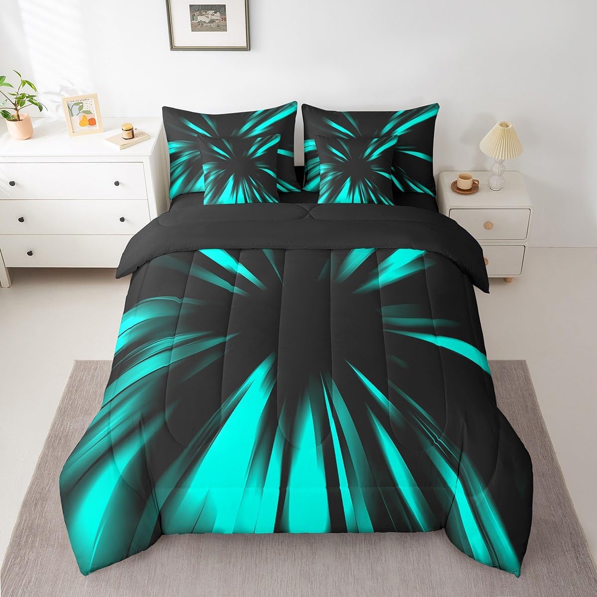 jejeloiu Abstract Ombre Comforter Set with Sheets Queen Size 7 Pieces Teal Striped Bedding Set for Boys Men Adults Teens Luxury Simple Modern Geometric Art Bed in a Bag Room Decor
