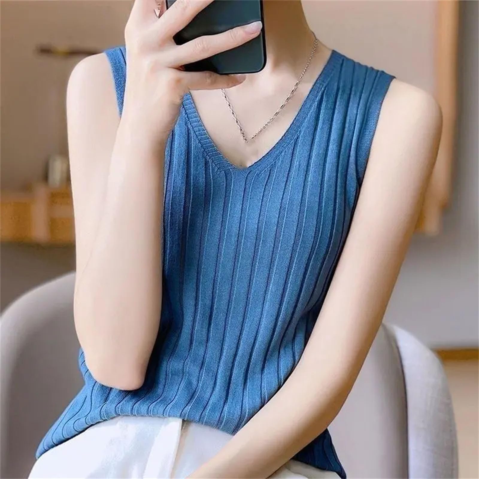 Camiseta sin mangas de seda de hielo para mujer, cuello en V, holgada