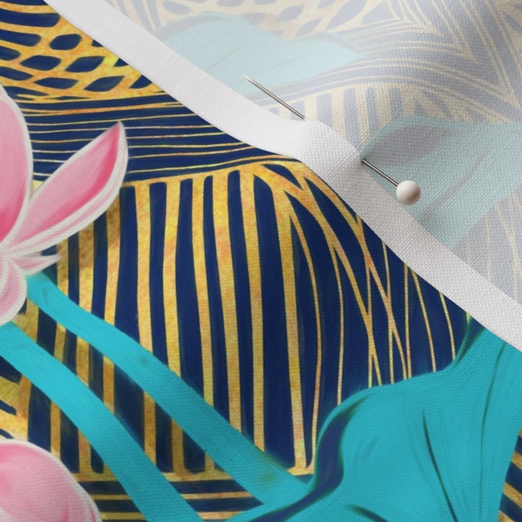 Spoonflower Fabric - Art Deco Lotus Flowers Pink Navy Vintage Leaves Teal Floral Nouveau Printed on Petal Signature Cotton Fabric by The Yard - Sewing Quilting Apparel Crafts Decor