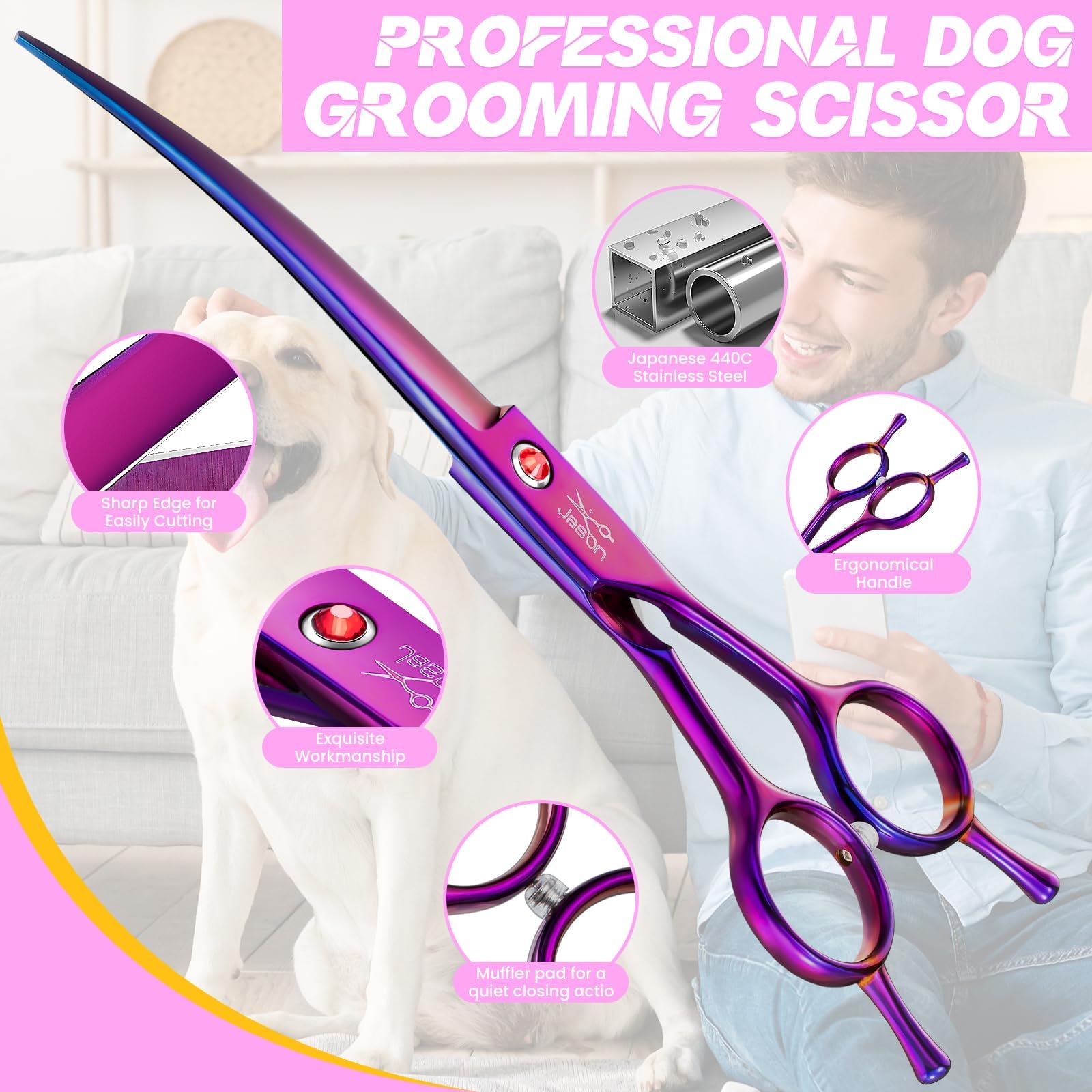 JASON Forbici professionali curve per cani - Forbici per cani da toelettatura da 7,5" Forbici per animali domestici per la toelettatura di cani e gatti (curve verso il basso, viola)