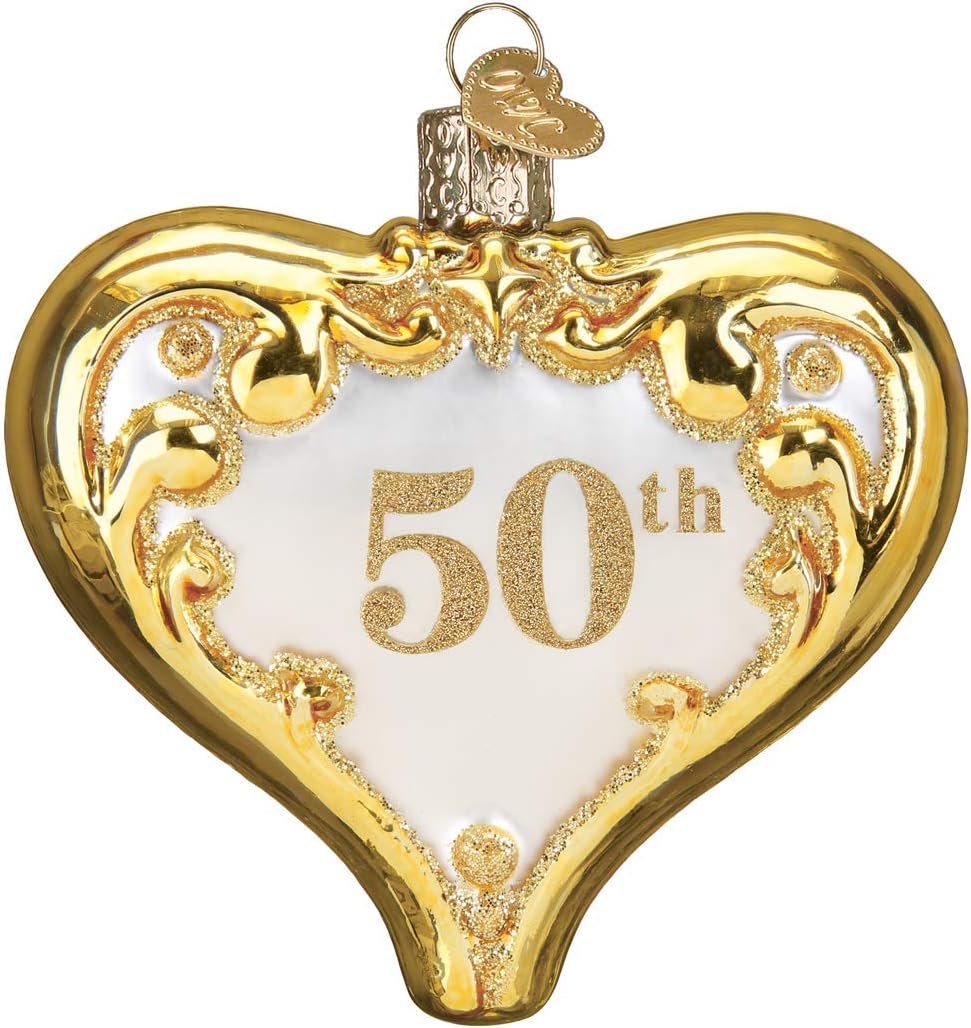 Old World Christmas 50th Anniversary Heart Glass Blown Ornament for Christmas Tree, Handcrafted Holiday Decoration, Anniversary Heart Collection