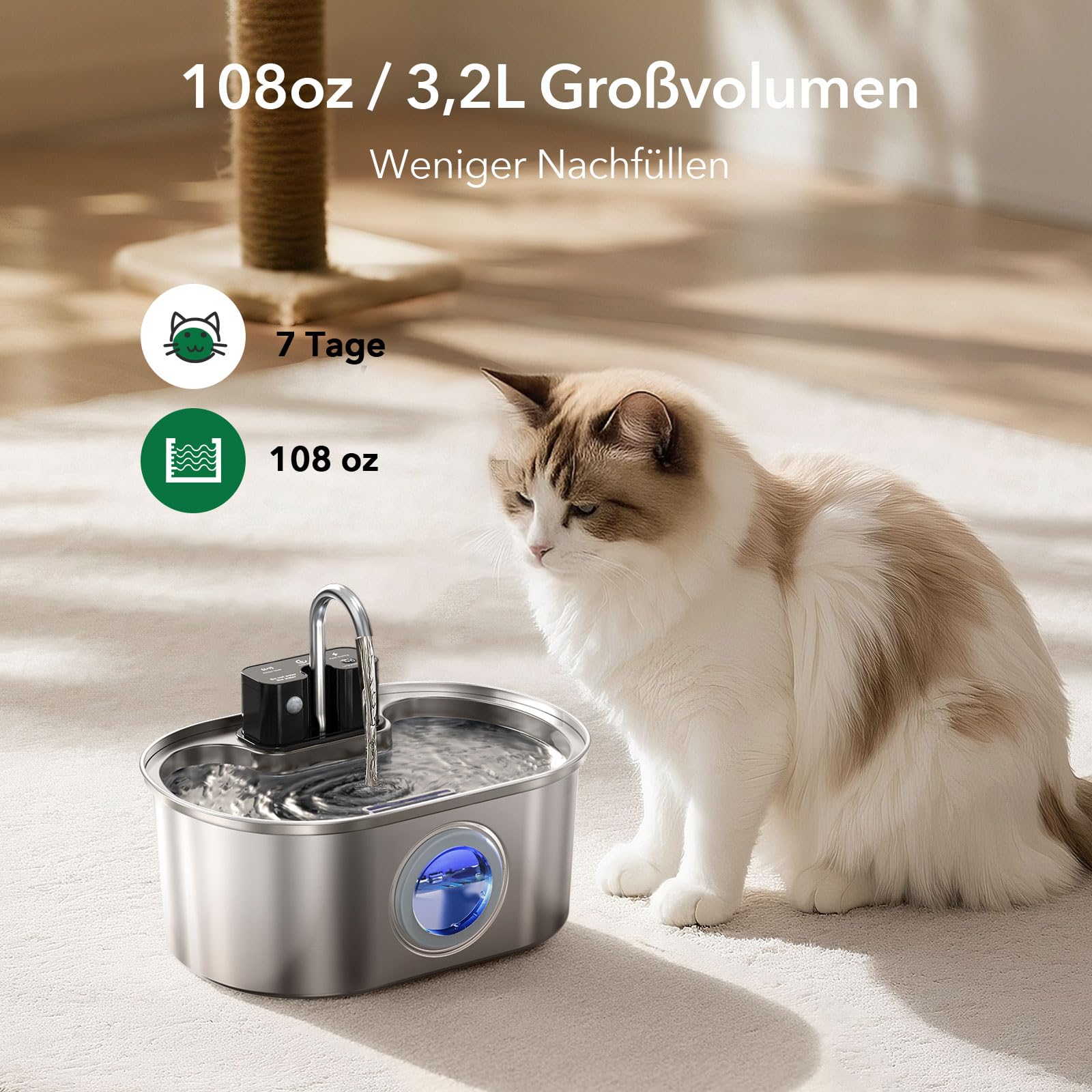 Fontana per gatti senza fili in acciaio inossidabile: fontana a batteria per interni, distributore automatico di acqua con sensore di movimento, pompa ultra silenziosa, Inclusi 3 Filtri di Ricambio