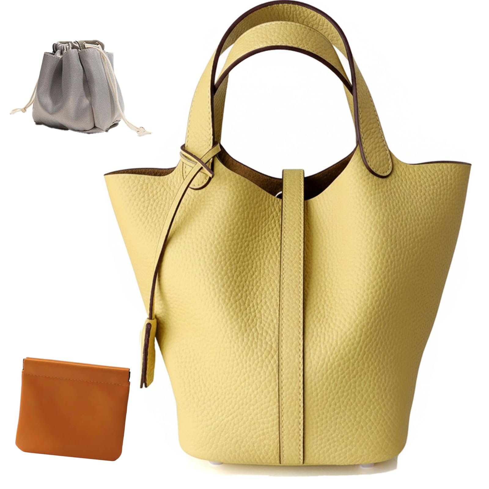Genuine Leather Lock Design Bucket Bag Vegetable Basket, Fashionable and Versatile Satchel Handbag — view 11