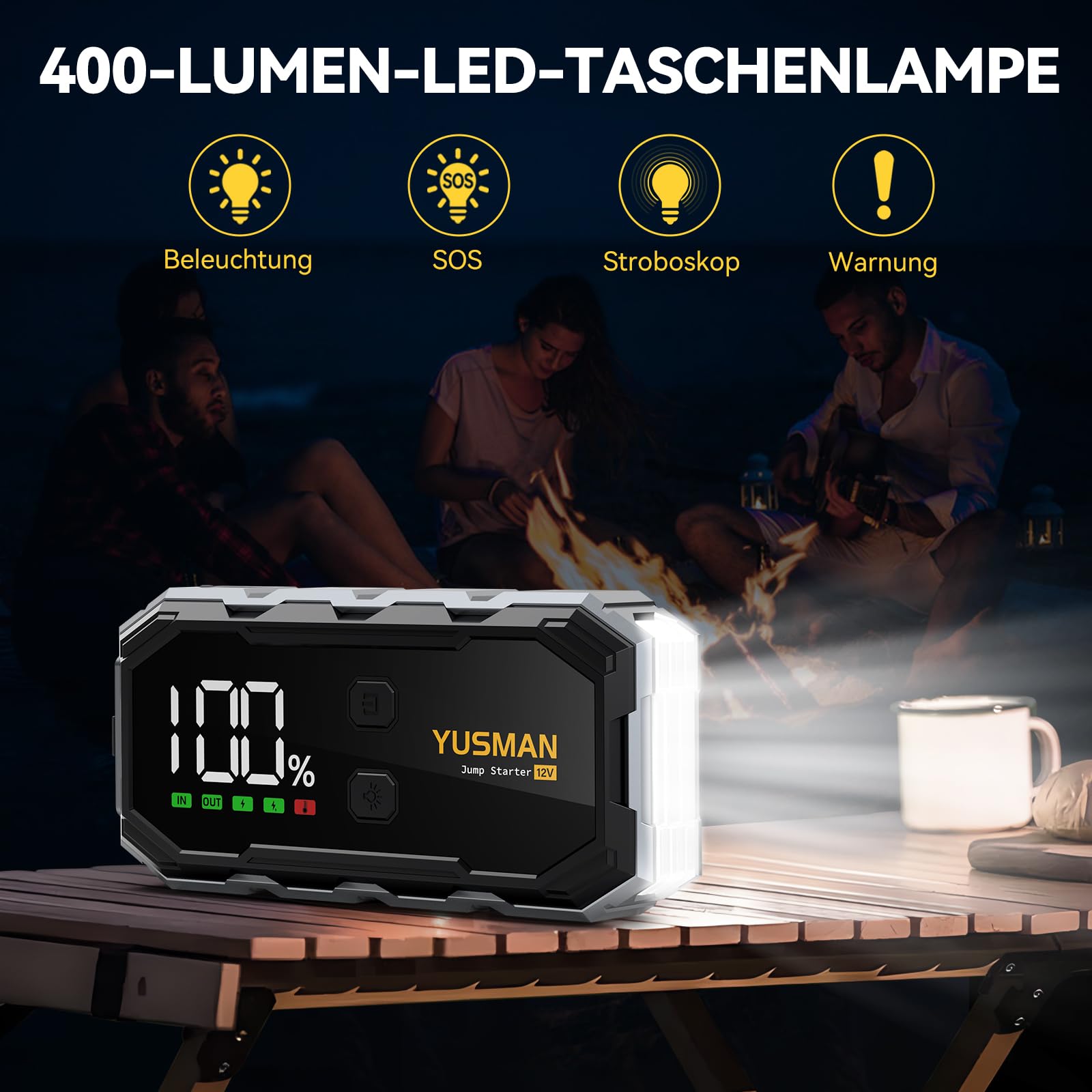 YUSMAN Starthilfe Powerbank für PKW | 8000A Autobatterie Booster für alle Fahrzeuge & 10.0L Diesel mit LED-Taschenlampe, Großdisplay & Springkabel – Ideal für SUV, Motorräder, Rasenmäher