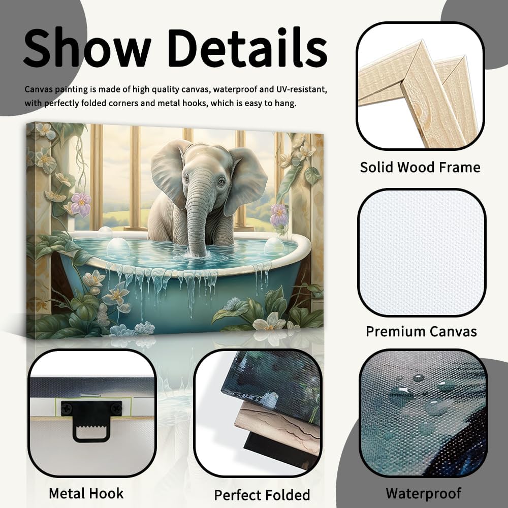 NAMENLAIMI Elephant Bathroom Wall Art Elephant in Bathtub Canvas Prints Funny Animal Paintings Bathroom Pictures for Toilet Farmhouse Wall Decor(Bathroom-3,16.00" x 24.00")