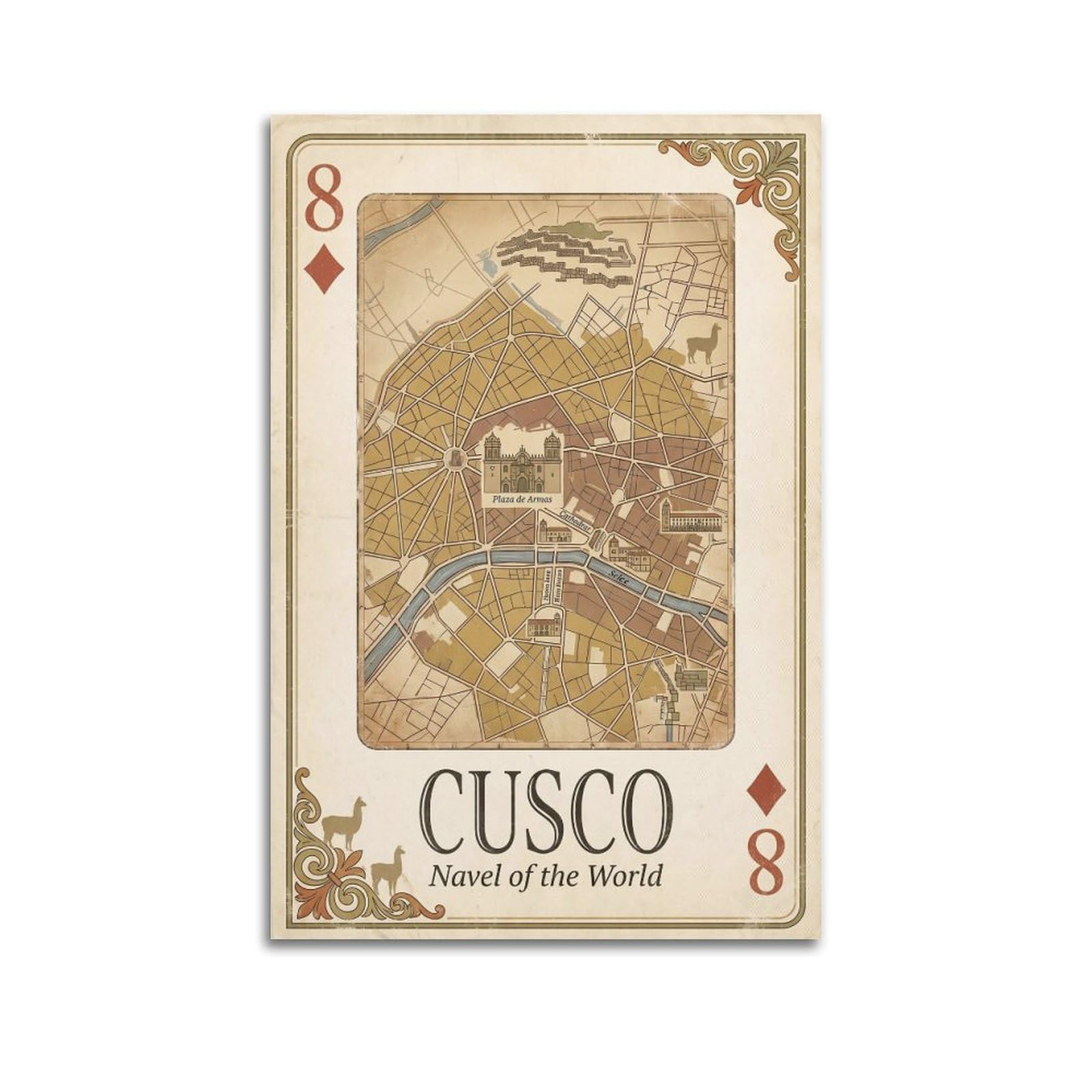 OKNGB Vintage City Map Poster Cusco Peru Inca Map Playing Card Style Decorative Painting Canvas Art Picture 16x24inch(40x60cm)