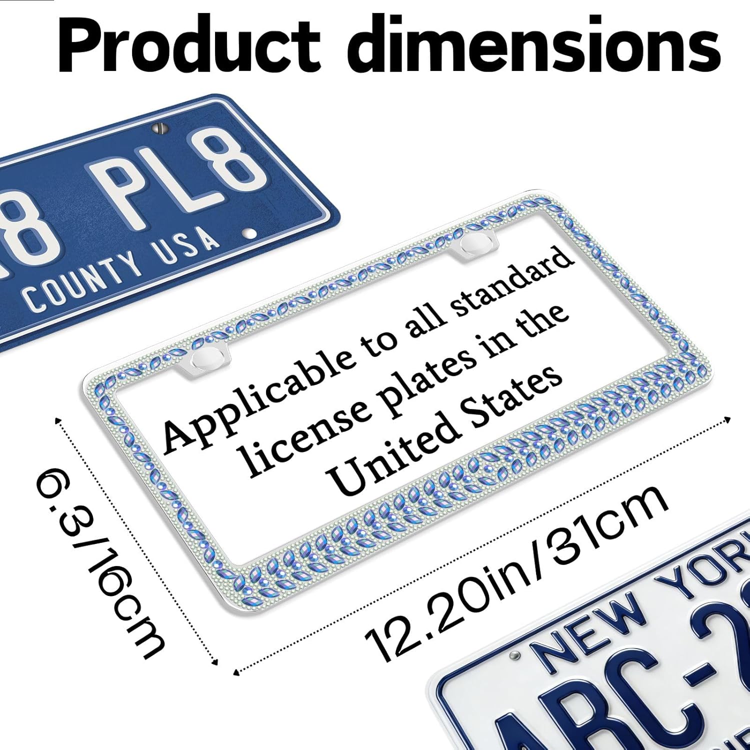 Bijou Joon 2 Pcs Blue AB Sparkly License Plate Frames for Women Rhinestone Bling License Plate Frame Cover Glitter Crystal for Girl Bedazzled Shiny Diamond Pack Car Holder Blinged Decorative