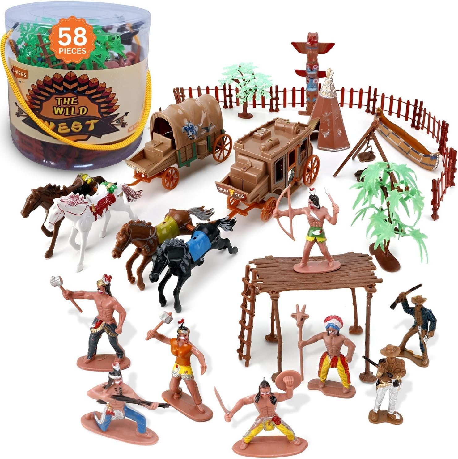 Liberty Imports 58 PCS Wild West Cowboys and Indians Plastic Figures Play Set, Educational Toys Bucket of Native American Indians Plastic Action Soldiers Figurines and Accessories