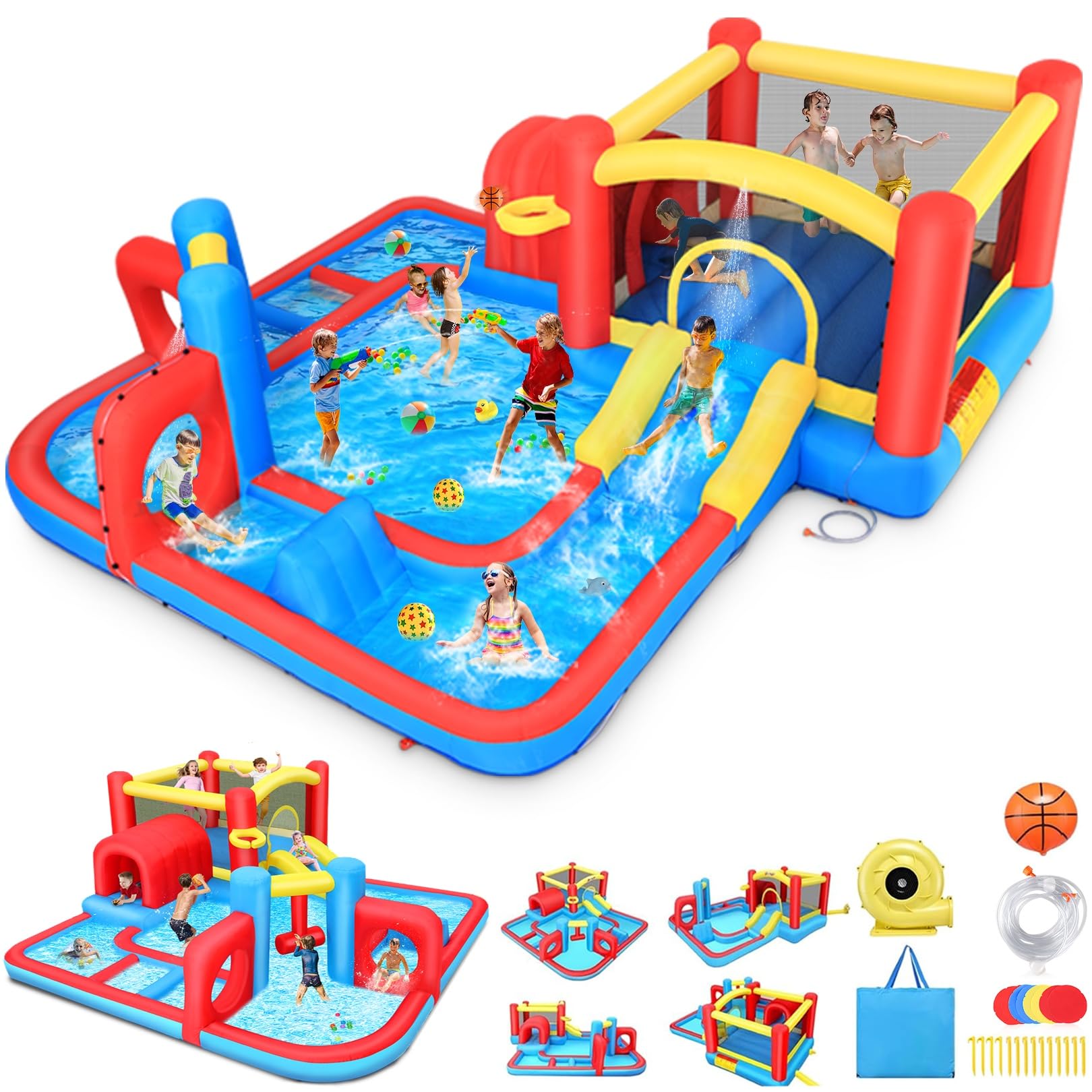 Inflatable Water Slide Bounce House, 14.3x14.3FT Maze Waterpark Obstacle Course w/Jump Area, Splash Pool, Obstacle, Slide, Punching Bag, Basketball Hoop & Tunnel for Kids Backyard Indoor Outdoor
