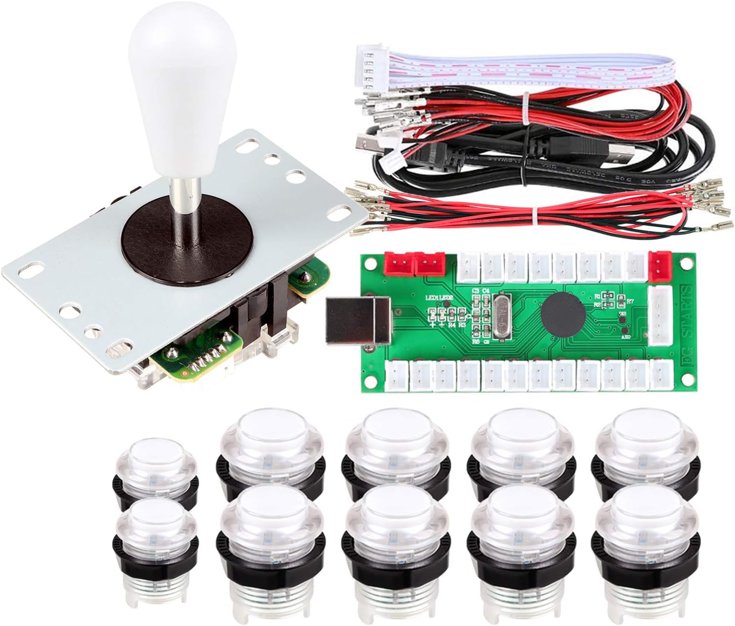 1 Player Arcade Buttons Joystick DIY Kit Parts Include 1x Ellipse Balltop Handle Stick 10x LED Arcade Button 1x USB Encoder Controller for PC MAME Raspberry Pi Windows (White)