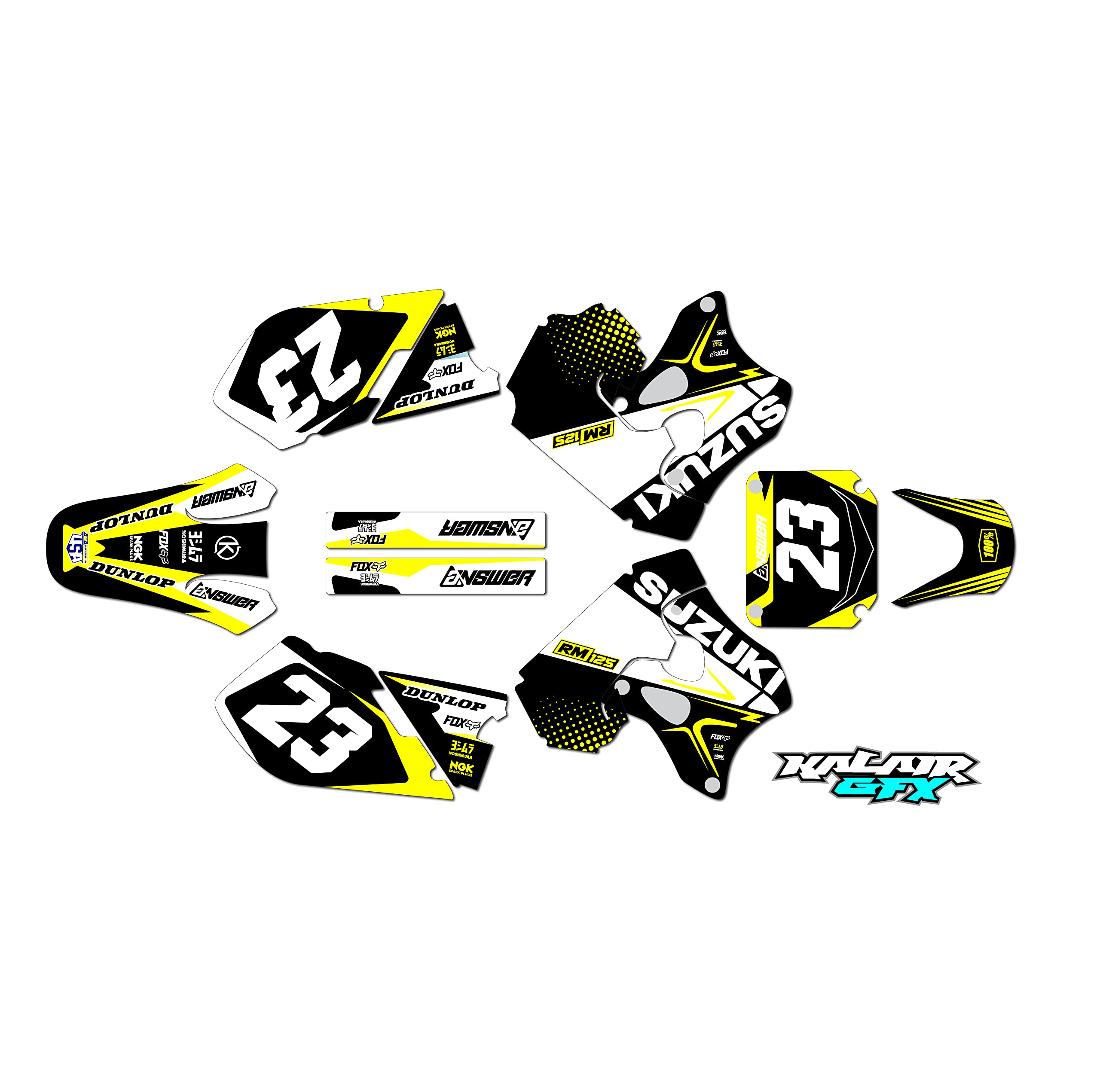 Kalair GFX Graphics Kit for Suzuki RM 125 (1996-1998) Evader Series Yellow 16 Mil - Dirt pit bike motorcycle stickers, dirtbike racing automotive decal motocross accessories no-plastics