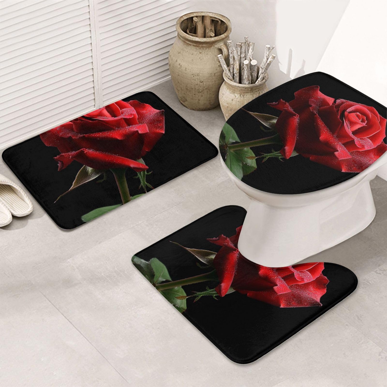 Lot de 3 tapis de bain antidérapants et absorbants en flanelle avec motif imprimé rose rouge et fond noir
