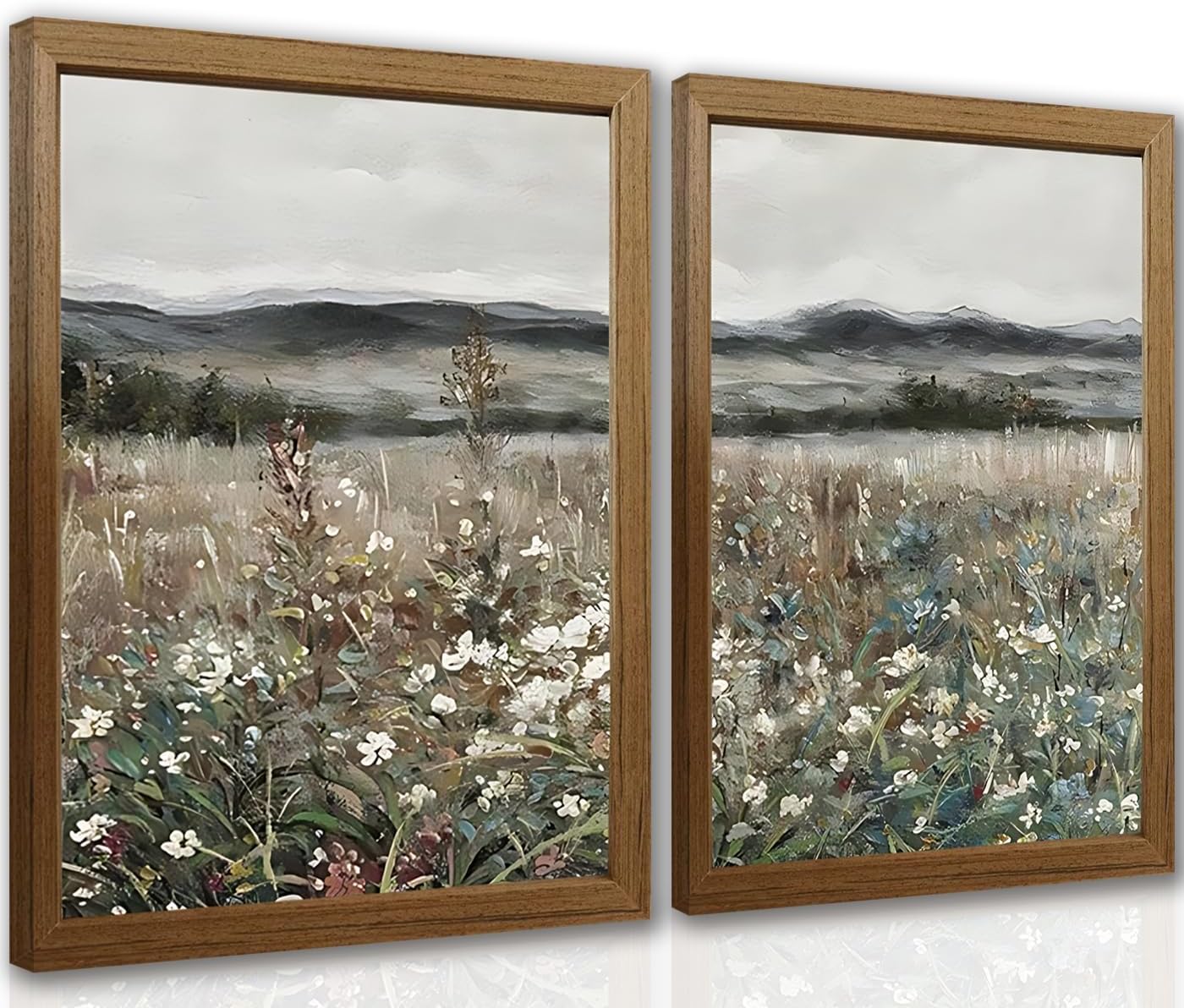 Vintage Landscape Framed Canvas Wall Art Set of 2, Meadow Flowers Prairie Painting, Retro Classic Farmhouse Rustic Wall Decor for Living Room Bedroom Bathroom Office, Natural Wood Frame, 12x16in