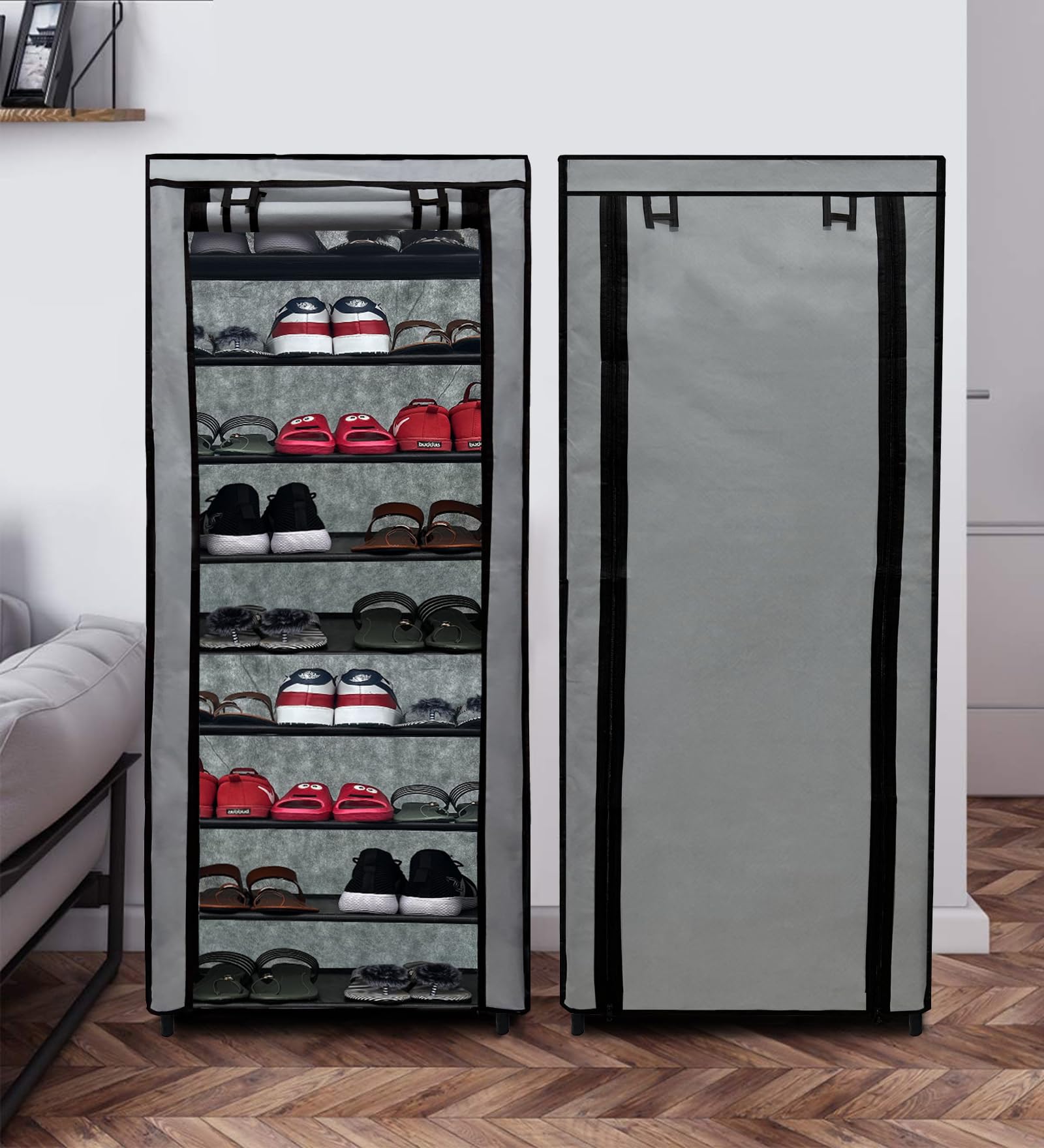 sanamstore® multipurpose rustproof metal shoe rack | foldable wide storage rack for home & office (9 layer)(grey), cm