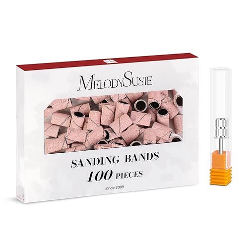 Miniatura 139 de MelodySusie 100 unidades de brocas de uñas, bandas de lijado para taladro de uñas, 120 bandas de lijado de lima de uñas de grano medio para uñas