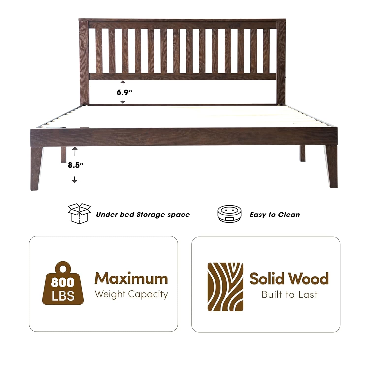 Queen Size Bed Frame with Headboard & Footboard, Solid Wood Platform Bed, Metal Legs, 12 Durable Slatted, Noise-Free & Anti-Slip, No Box Spring Needed, Easy Assembly, Dark Roast Oak Finish JPQ-32