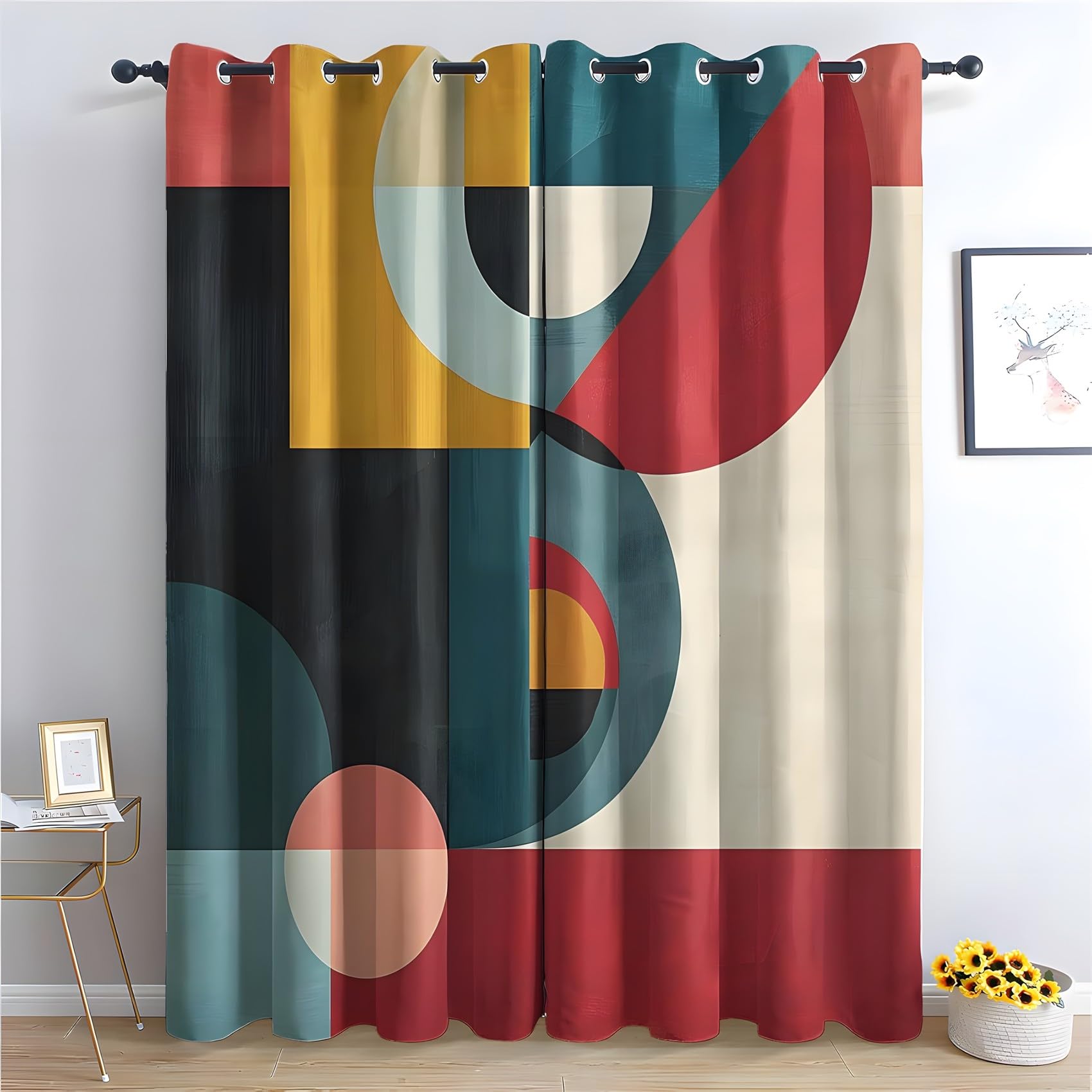 KaiHeBeding Geometric Patchwork Blackout Curtains for Bedroom - Abstract Geometric Living Room Curtains 46x90 Eyelet - Soft Thermal Insulated Patterned Drapes for Windows - 2 Panels