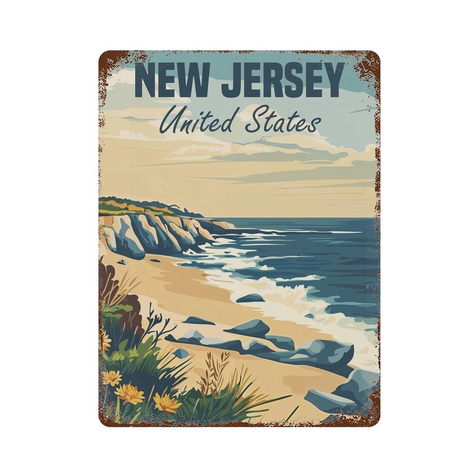 Rust Effect New Jersey Coastline Vintage Rust Metal Sign 15.7"x11.8", Classic Wall Plaque for Shed, Workshop And Garage Wall Decor