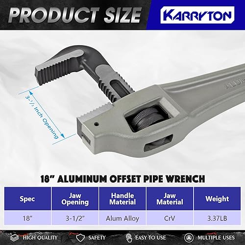 Miniatura 2 de Llave de tubo de aluminio de 18 pulgadas, capacidad de mandíbula ajustable de 3.5 pulgadas3.504 in, llave de plomería resistente con mandíbula de