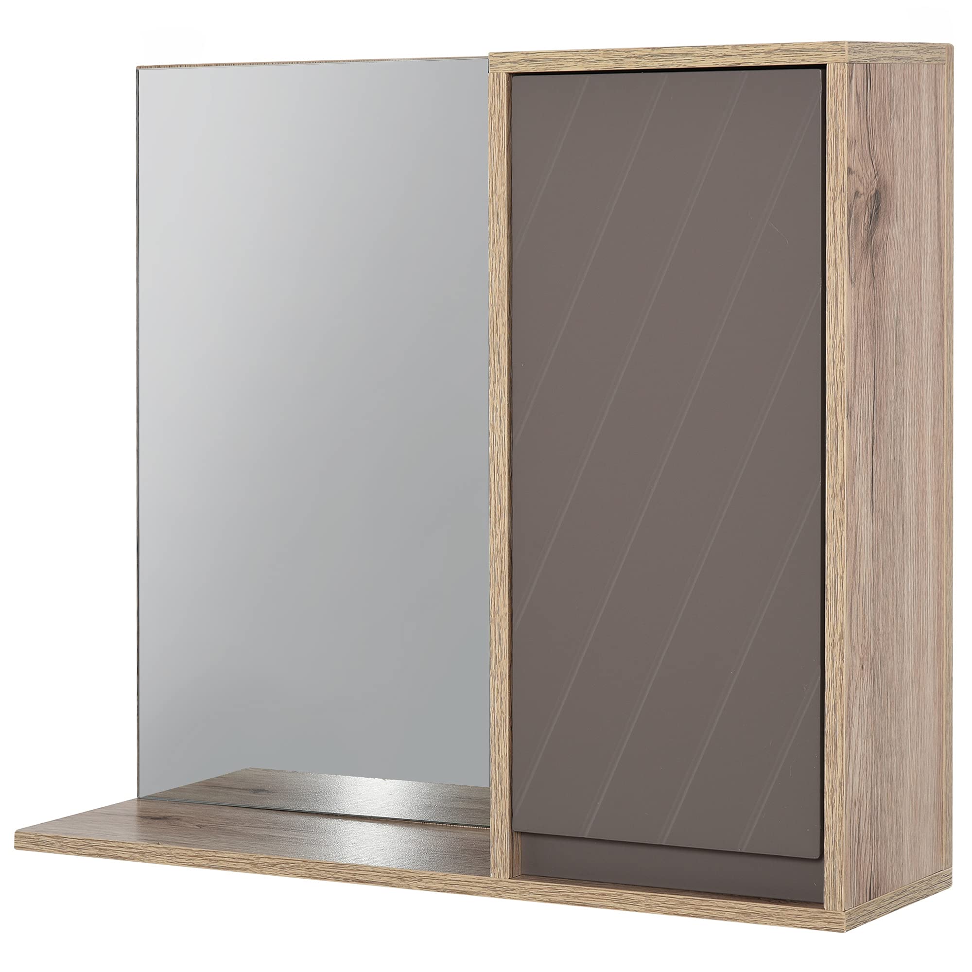HOMCOM Armario de Baño con Espejo Mueble Auxiliar Montado en Pared con 1 Puerta y Estante Ajustable Estilo Moderno 57x14,2x49,2 cm Roble y Gris