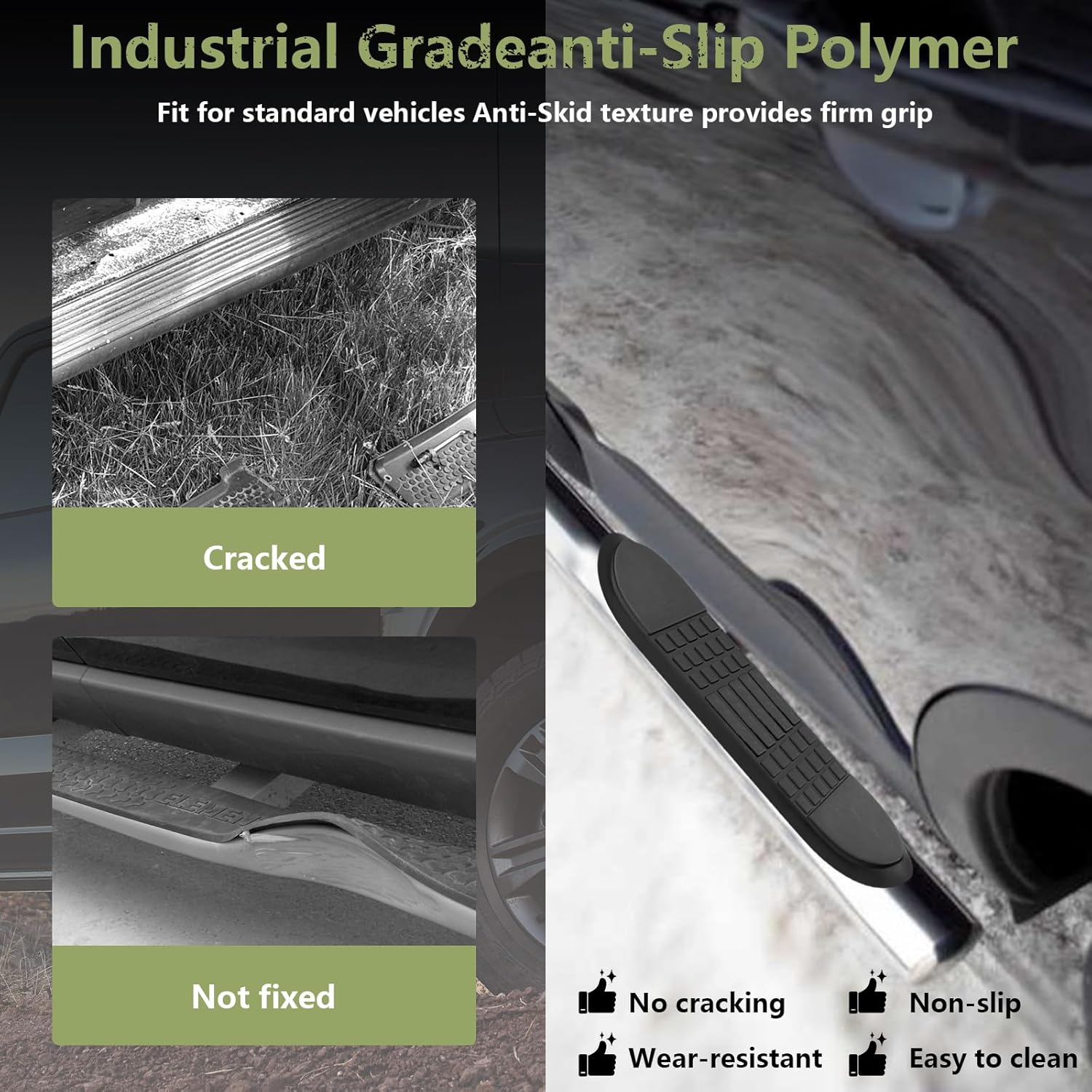 Nerf Bar Replacement Pads for 3" Round Tubes with 5 Holes, 21" x 3", Durable Non-Slip Replacement Step Pad Set of 4 with 24 Installation pins, Heavy-Duty Polymer with Anti-Slip Texture