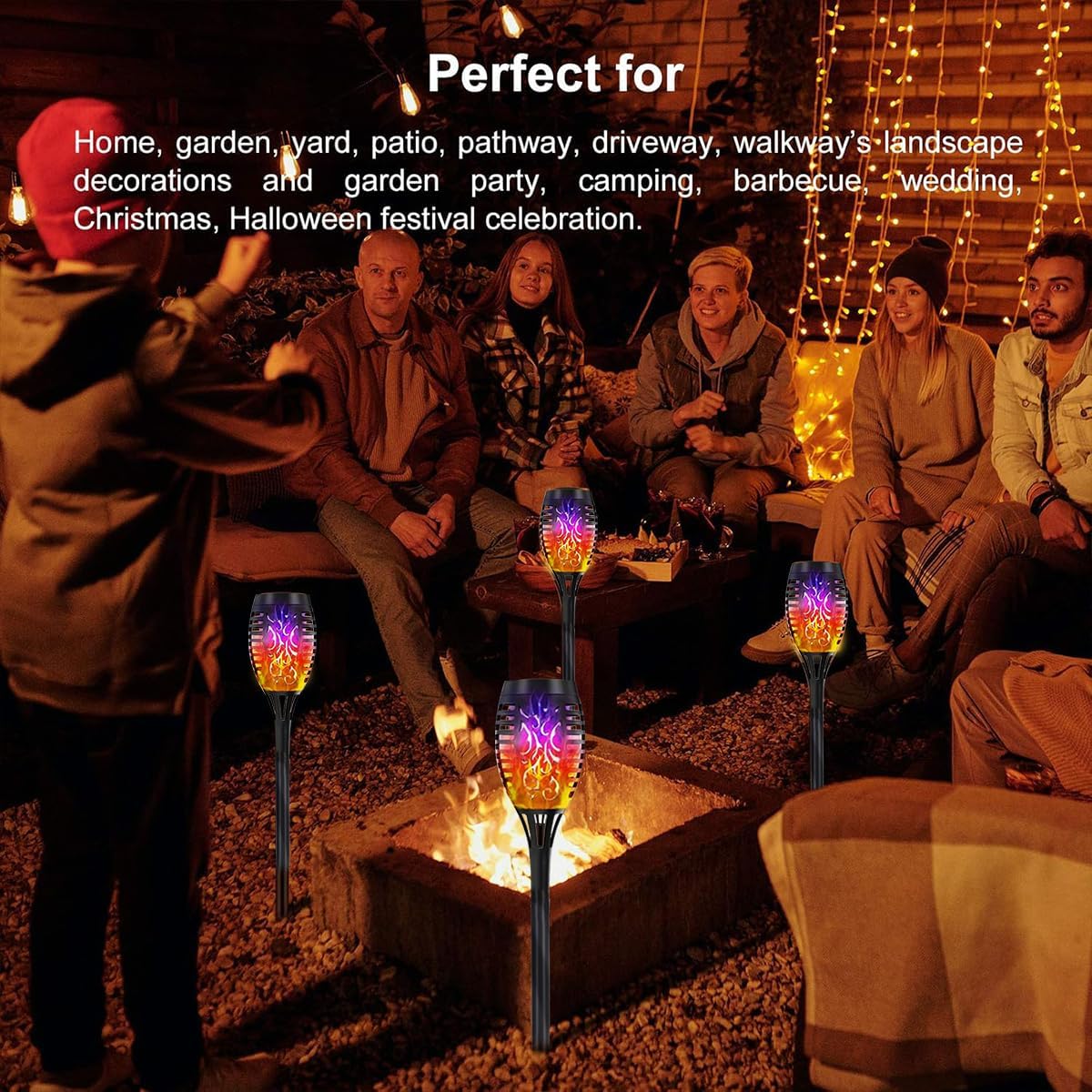 SHYUJAJIE 16 Pack Solar-Powered Flashlight Torches for Outdoor use, Dancing and Flickering Flame Torches for Landscape Decoration, Suitable for Paths, lawns, terraces (Colorful)