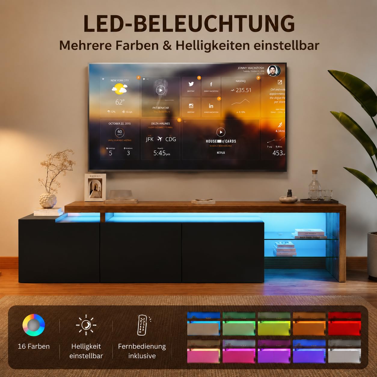 TV Lowboard mit Stauraum, Fernsehtisch mit 3 Türen und Glasablage, TV Bank für Fernseher bis zu 85 Zoll, Fernseh Sideboard für Wohnzimmer, Schwarz, 200x39x42cm