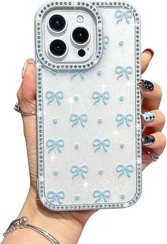 EYZUTAK for iPhone 13 Pro Max Case Bow Heart Case, Bling Glitter Rhinestone Phone Cover with Luxury Sparkly Diamond Edge Shiny Glossy Anti-Scratch Clear TPU Shockproof Bumper Cover for Women-Blue Bow