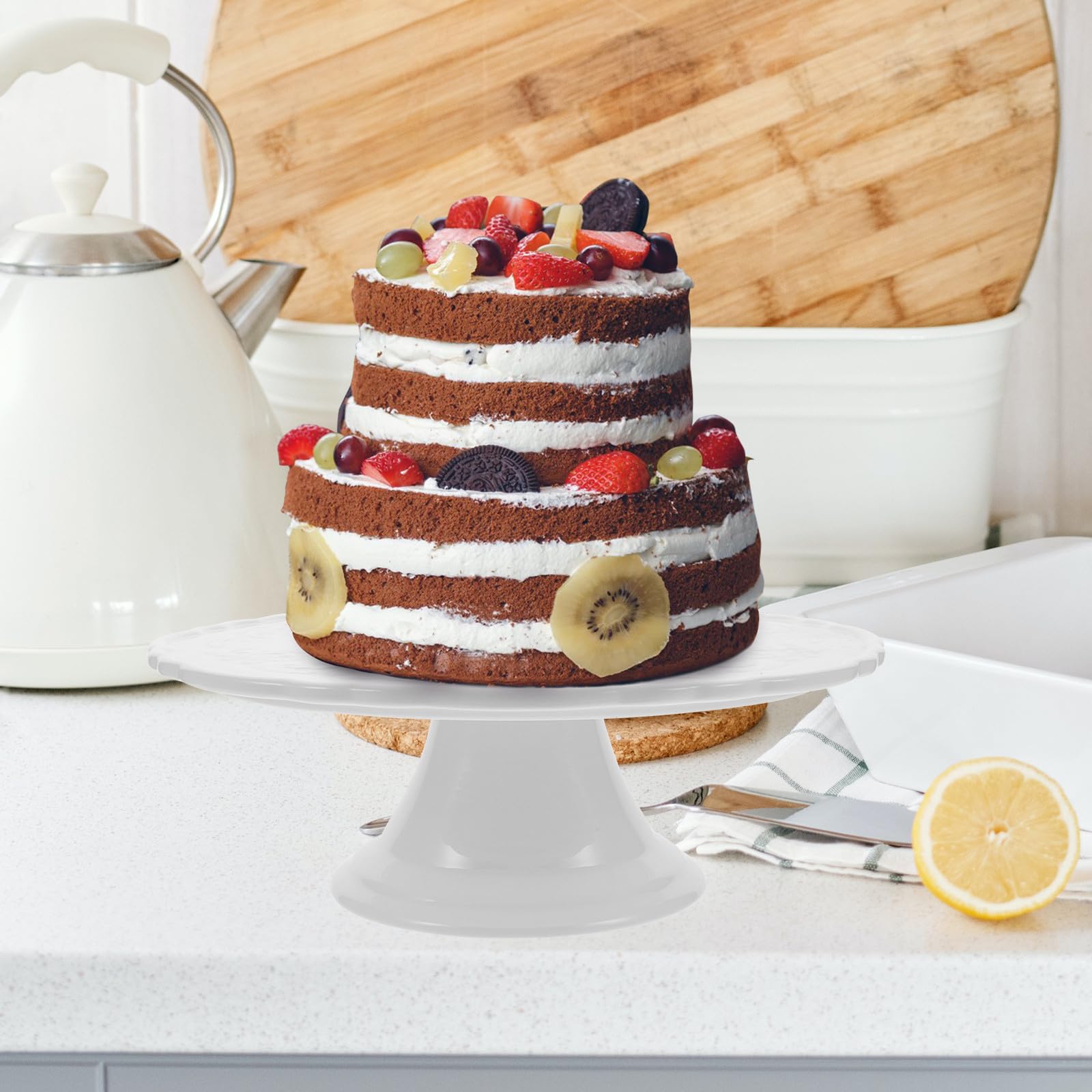 Alzatina per Dolci in Ceramica Bianca 28cm Rilievo | Piatto Alto per Dessert e Frutta, Uso Domestico e Lauree, Design Elegante