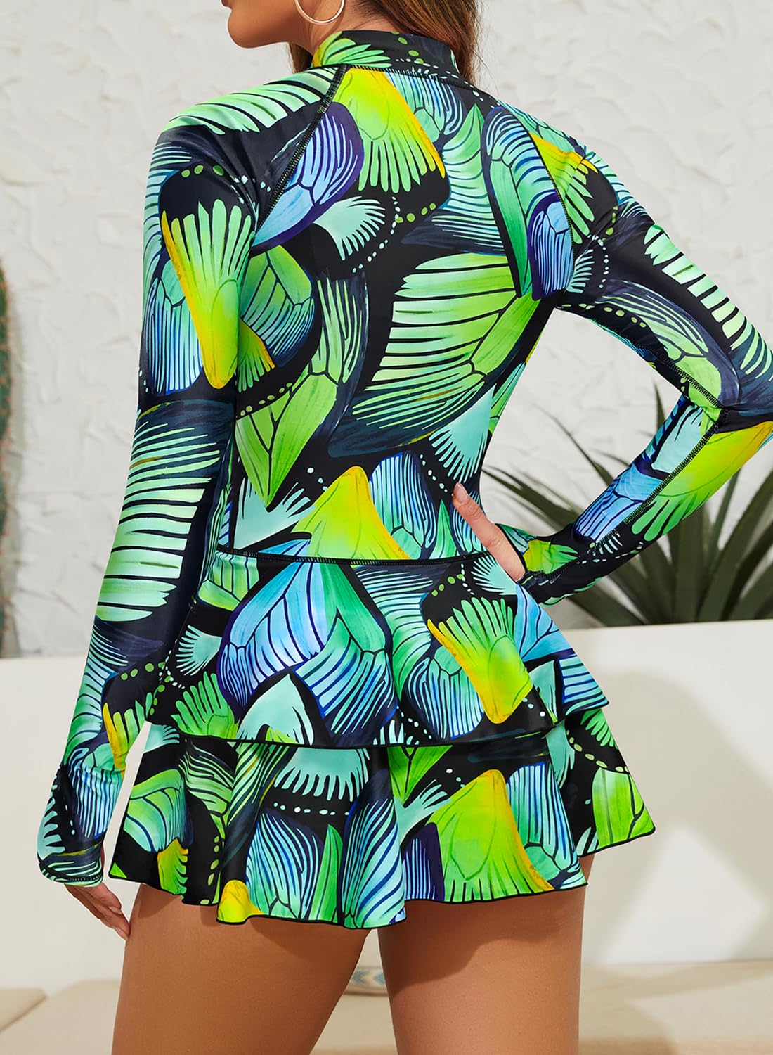 SHEKINI Traje de baño de manga larga para mujer, con orificios para el pulgar, estampado de surf, de una pieza, con cremallera, falda