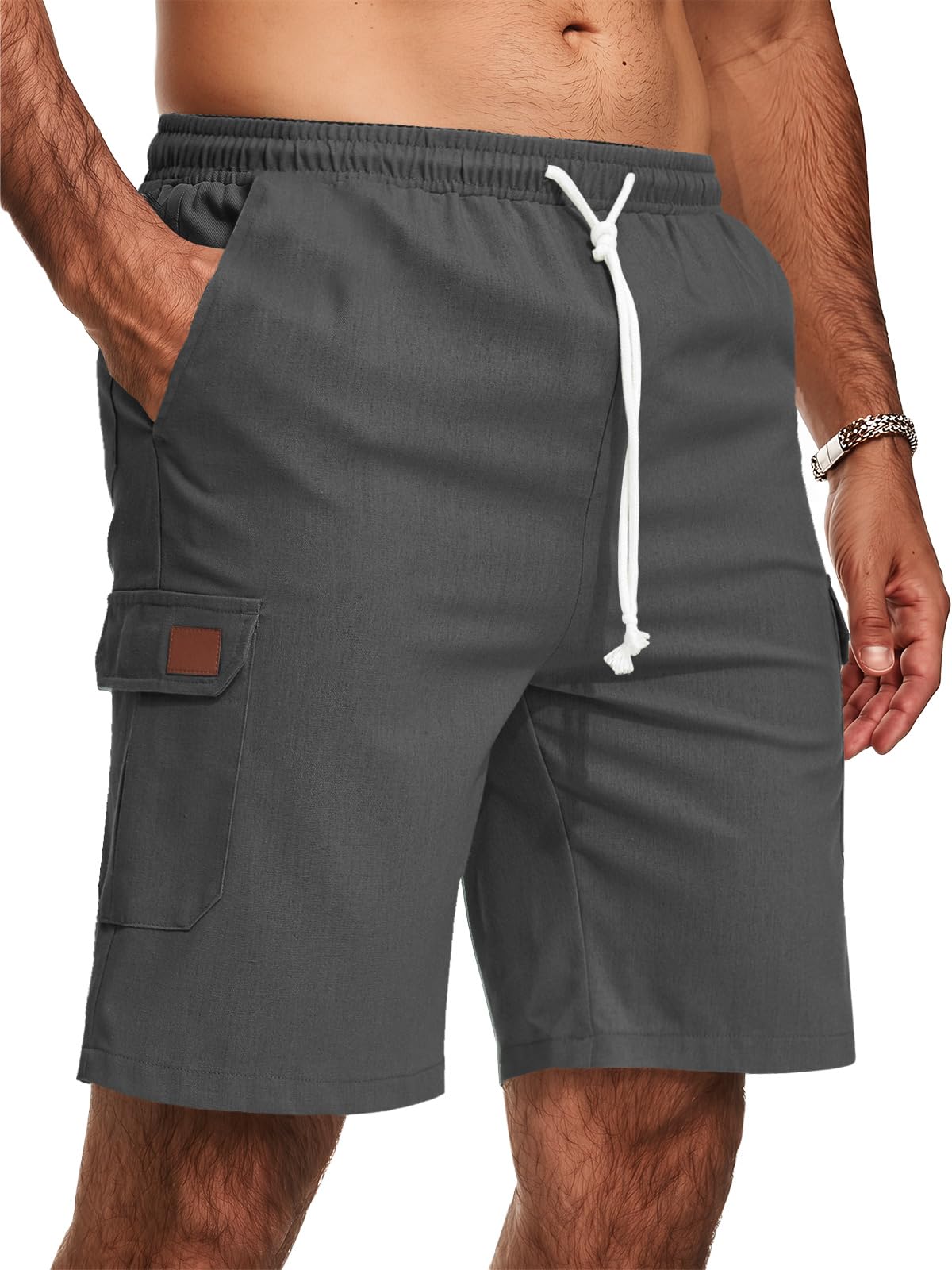 Zetieny Kurze Hosen Herren Leinen Shorts Leicht Sommer Leinenhose Kurz mit Gummizug Freizeithose mit Tasche