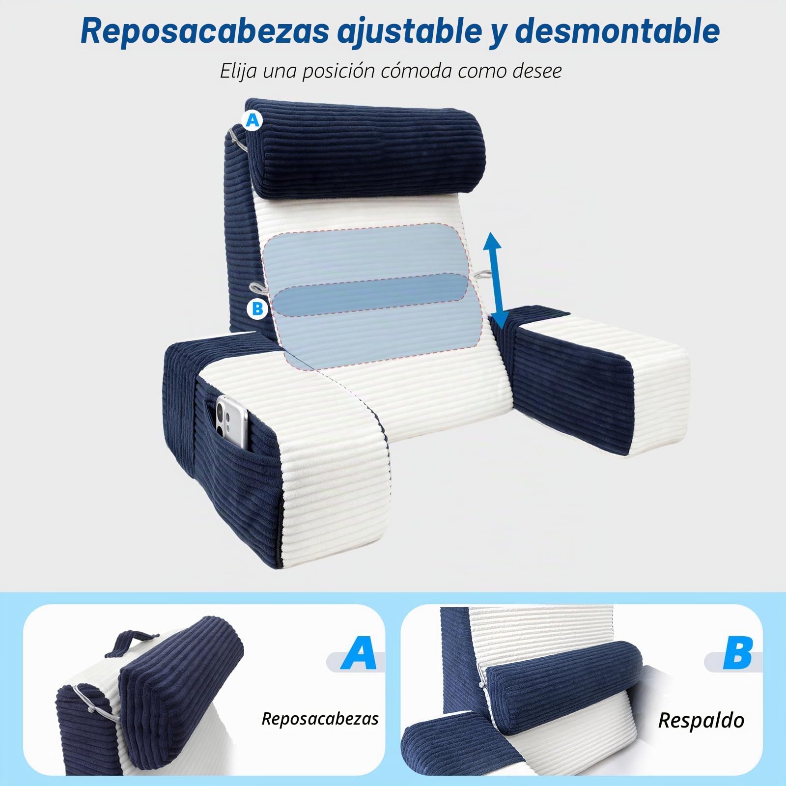 Almohada de Lectura, Cojín Lectura Cama para Sentarse, Cojín para Cama con Respaldo y Reposabrazos Ajustables, Almohada Sofá, Adecuado para Leer/Jugar/Relajarse, Azul & Blanco