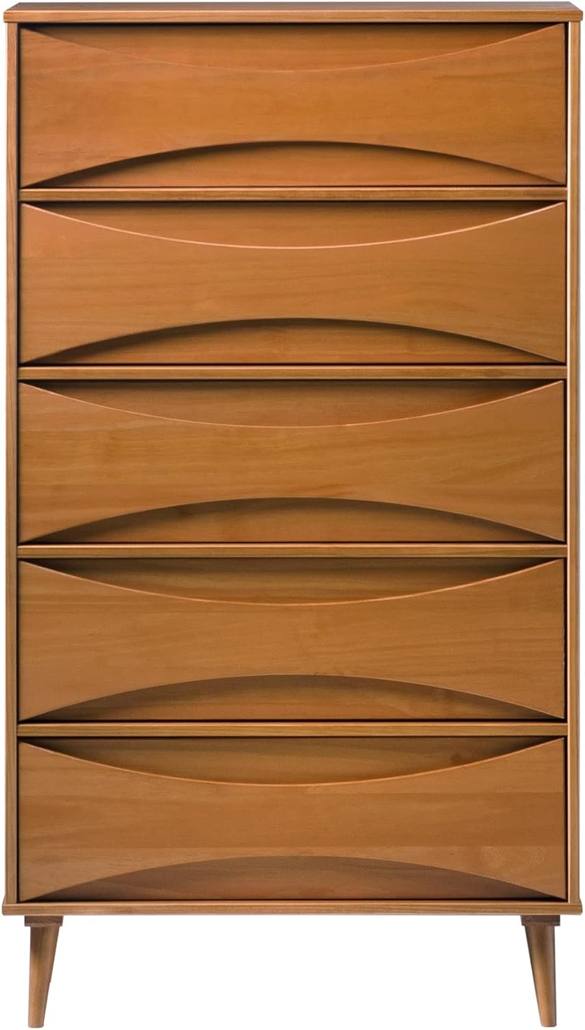 Walker Edison Lowry Mid-Century Modern Detailed-Drawer Solid Wood Dresser, 30 Inch, Caramel