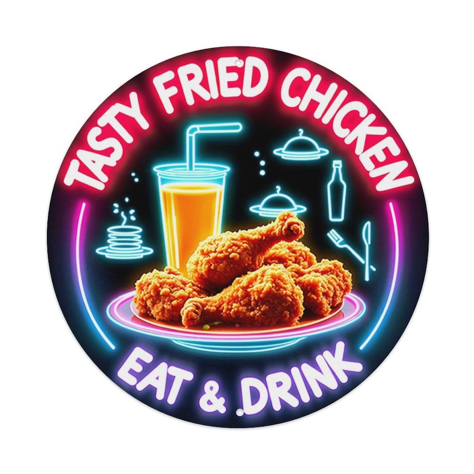 Tasty Fried Chicken Eat Drink Retro Metal Sign Round Tin Sign, Vintage Decor Art Poster for Bar, Home, Man Cave, Kitchen, Laundry Room Gift 8x8Inch