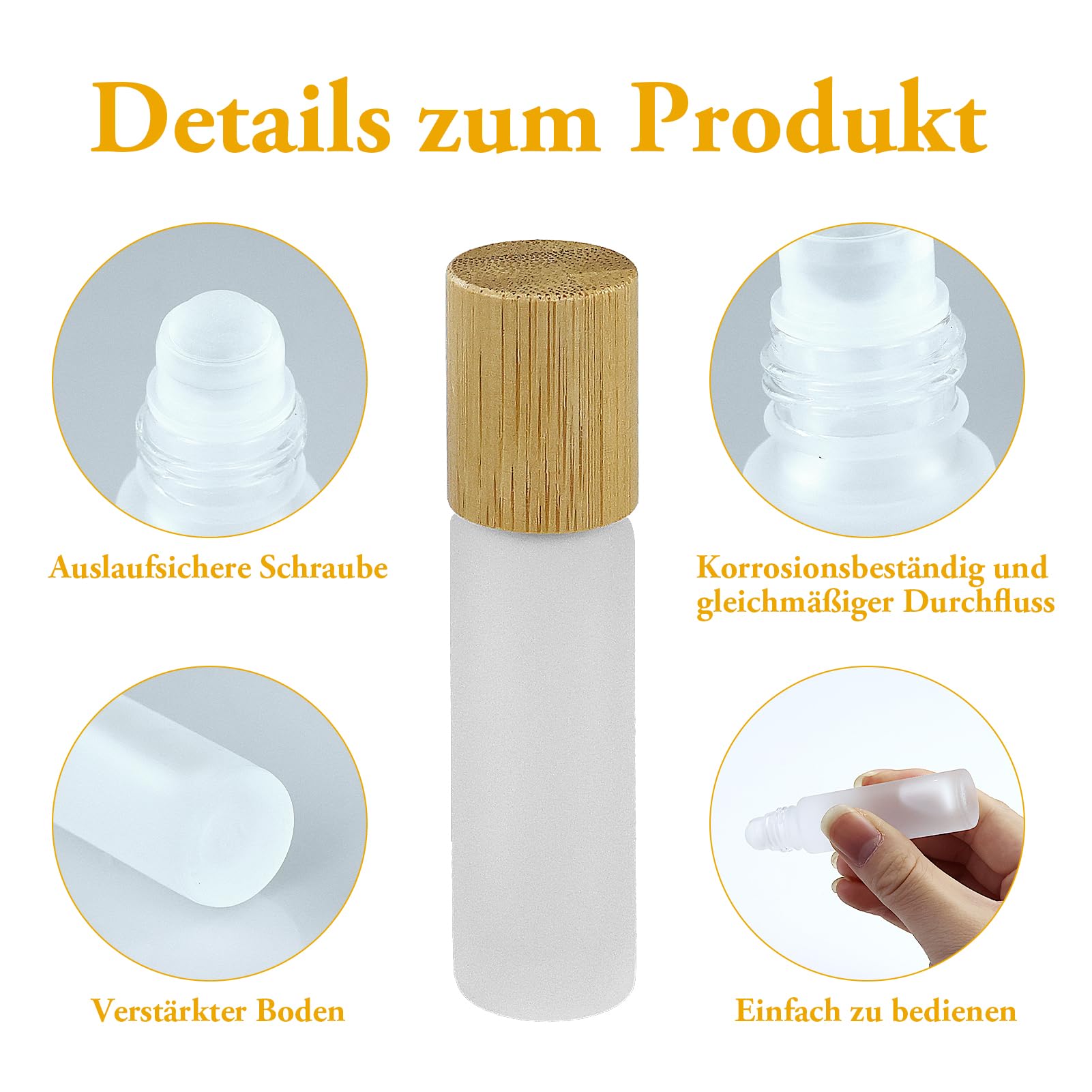 Lot de 25 bouteilles roll-on vides de 10 ml, en verre transparent, avec rouleau en acier inoxydable et bouchon en bambou pour huile essentielle, spa, massage