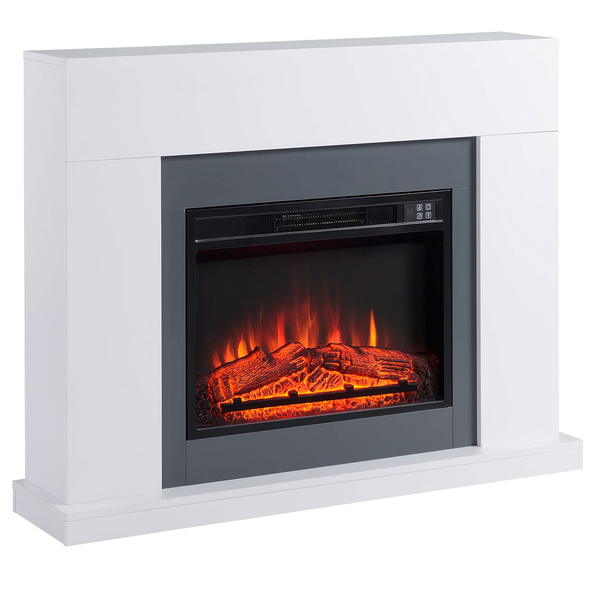 HOMCOM Camino Elettrico a Terra con Effetto Fiamma e Riscaldamento, 1800/2000W, con Telecomando, Termostato, Protezione da Surriscaldamento, Copertura 37m², Timer 7 Giorni, Bianco