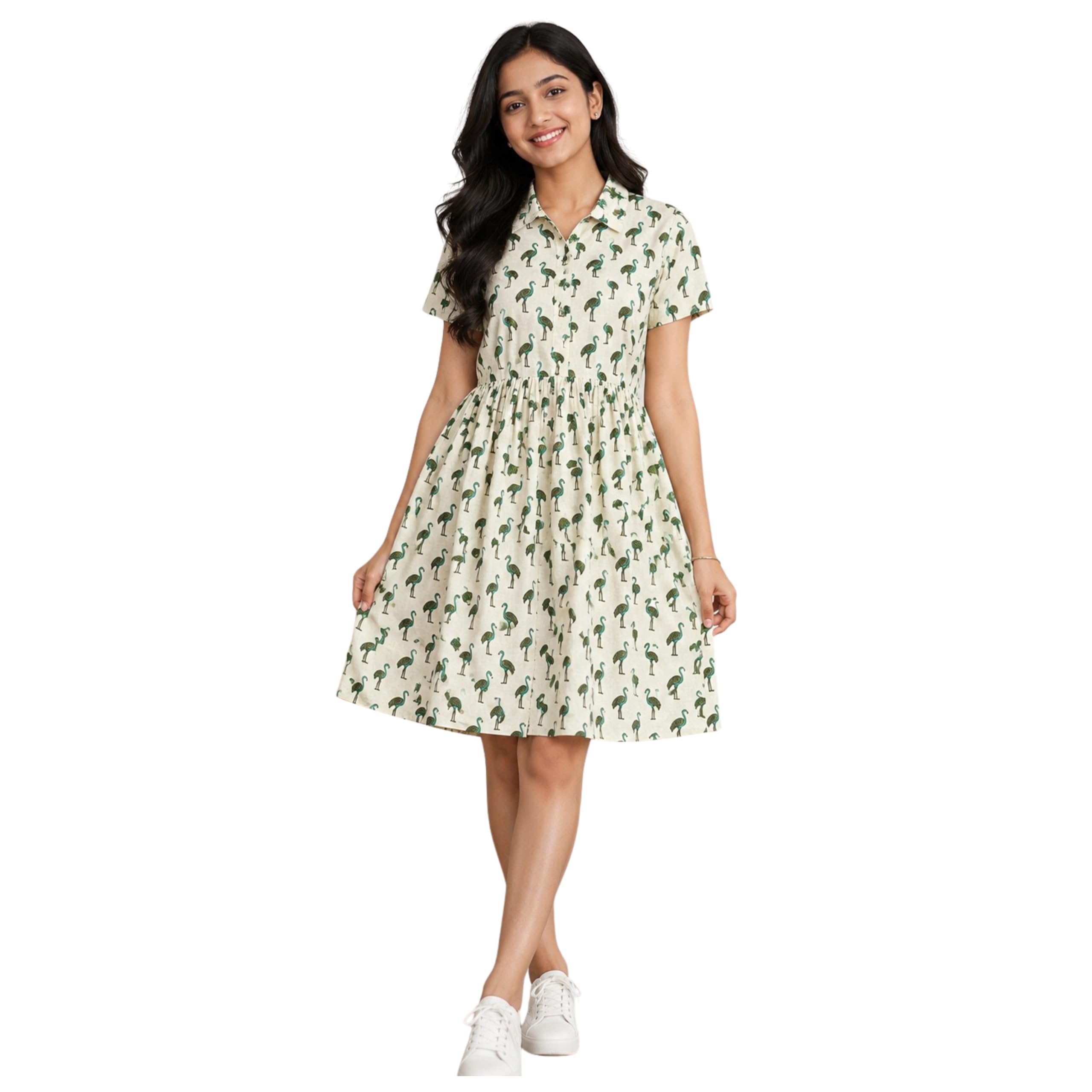 Women's Printed Shirt Frock, Classic Collar, Front Button, Gathered Waist, Short Sleeve, Casual A-Line Midi Dress |-image-10