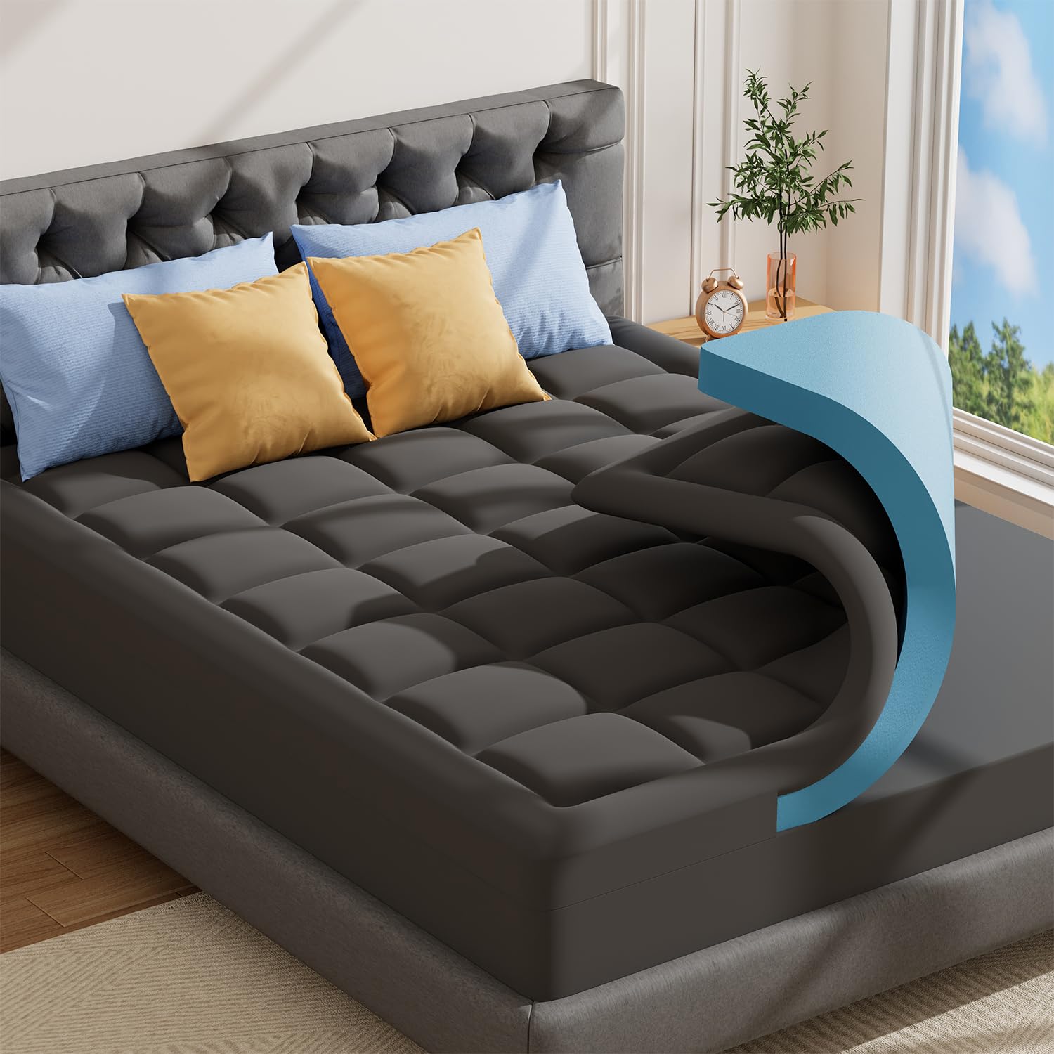ABENE Grey Single Memory Foam Mattress Topper for Back Pain Relief, Mattress Topper Single Bed with Extra Deep Pocket, Washable Pillow Top Cover with OEKO-TEX & CertiPUR-US (Grey, 90x190cm)