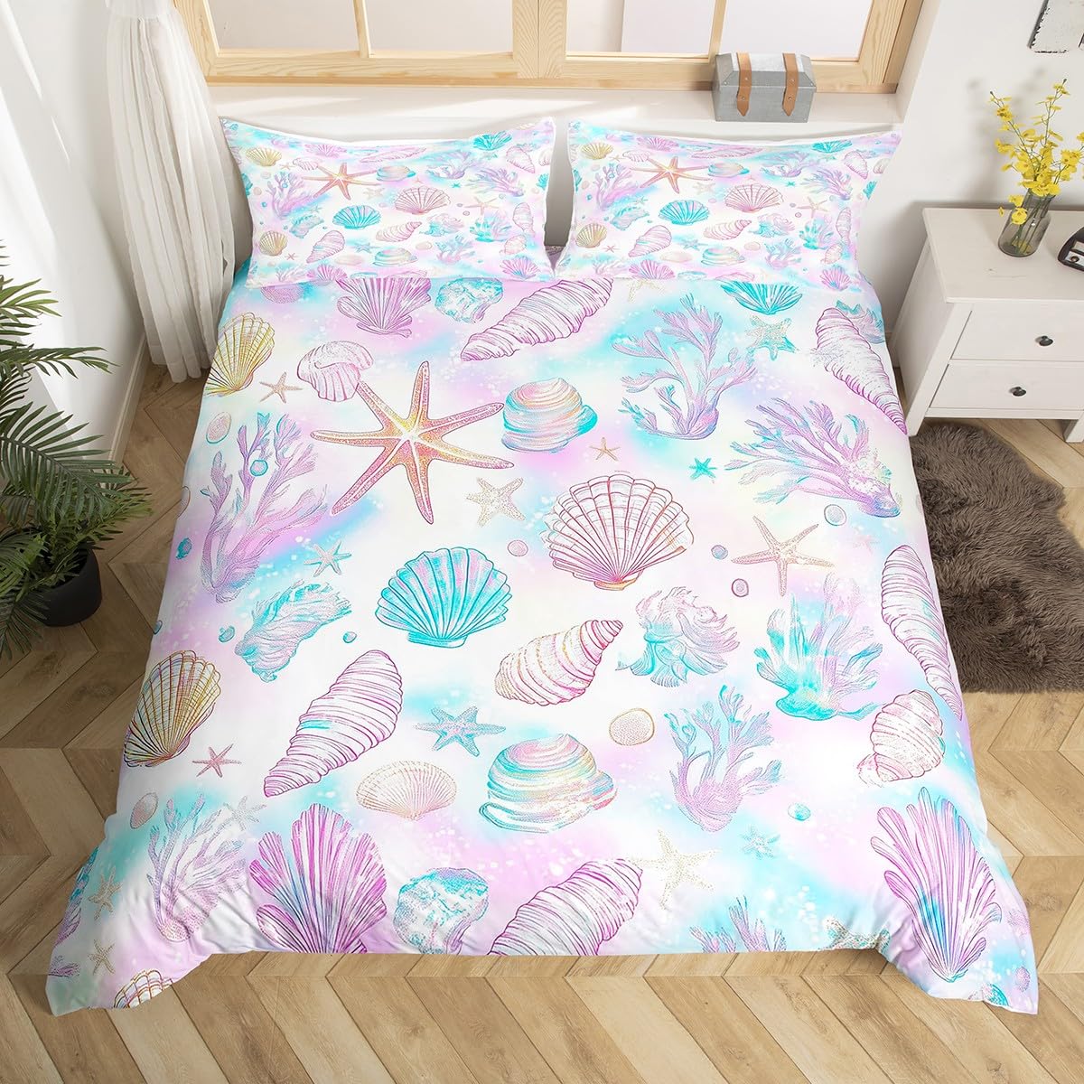 Summer Coastal Super King Size Duvet Cover,Hawaii Beach Shell Conch Starfish Duvet Cover for Adults All Season,Seaside Marine Life Coral Fantasy Purple Blue Bedding Set,No Comforter