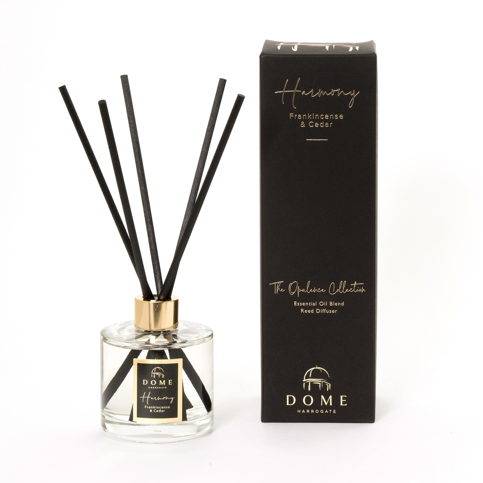 Dome of Harrogate | Harmony Reed Diffuser | Lemon, Frankincense & Cedar | 200ml | Long-Lasting Essential Oil Blend | Calming Aromatherapy Fragrance | Black & Gold Gift Packaging | Opulence Collection