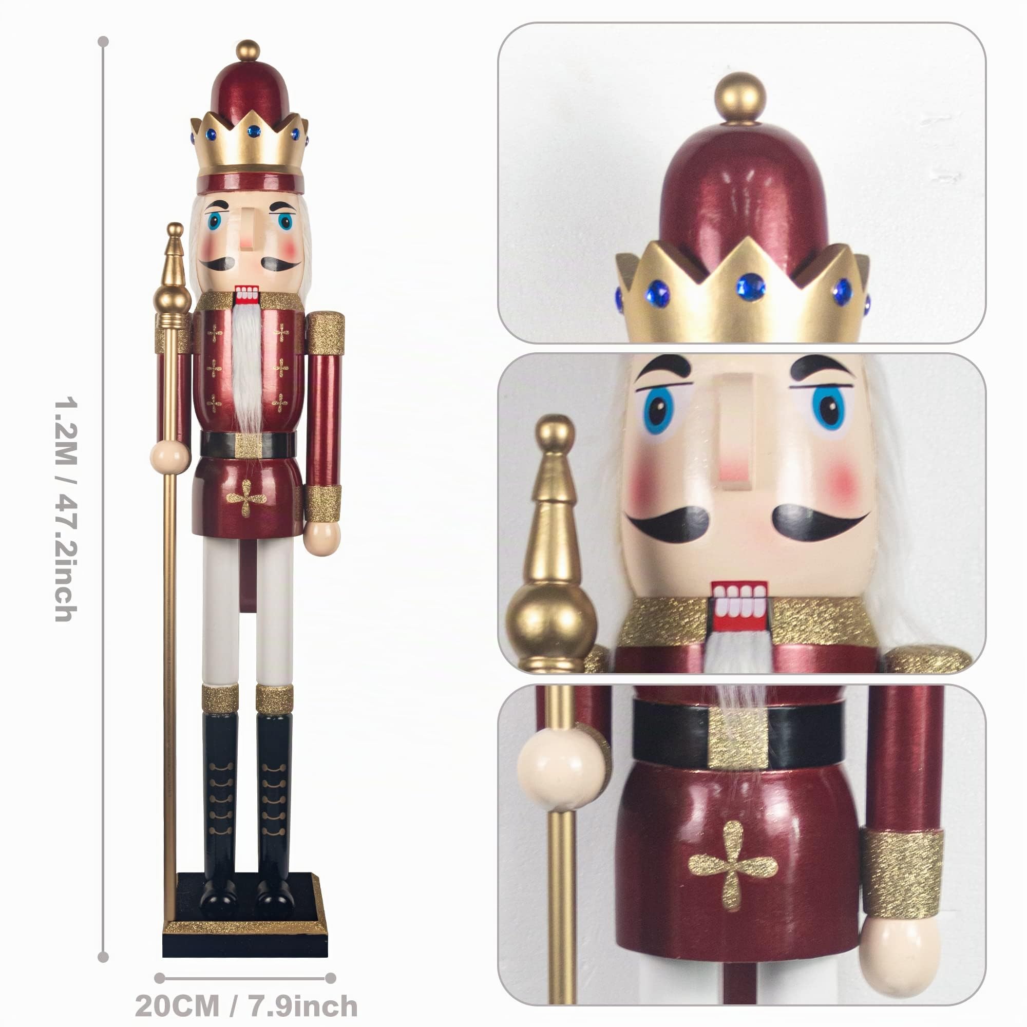 Casse Noisette Noel geant 120 cm Grand XXL Rouge Roi Soldat Casse-Noisette de Noël en Bois Grandeur Nature avec Support Décoration de Noël