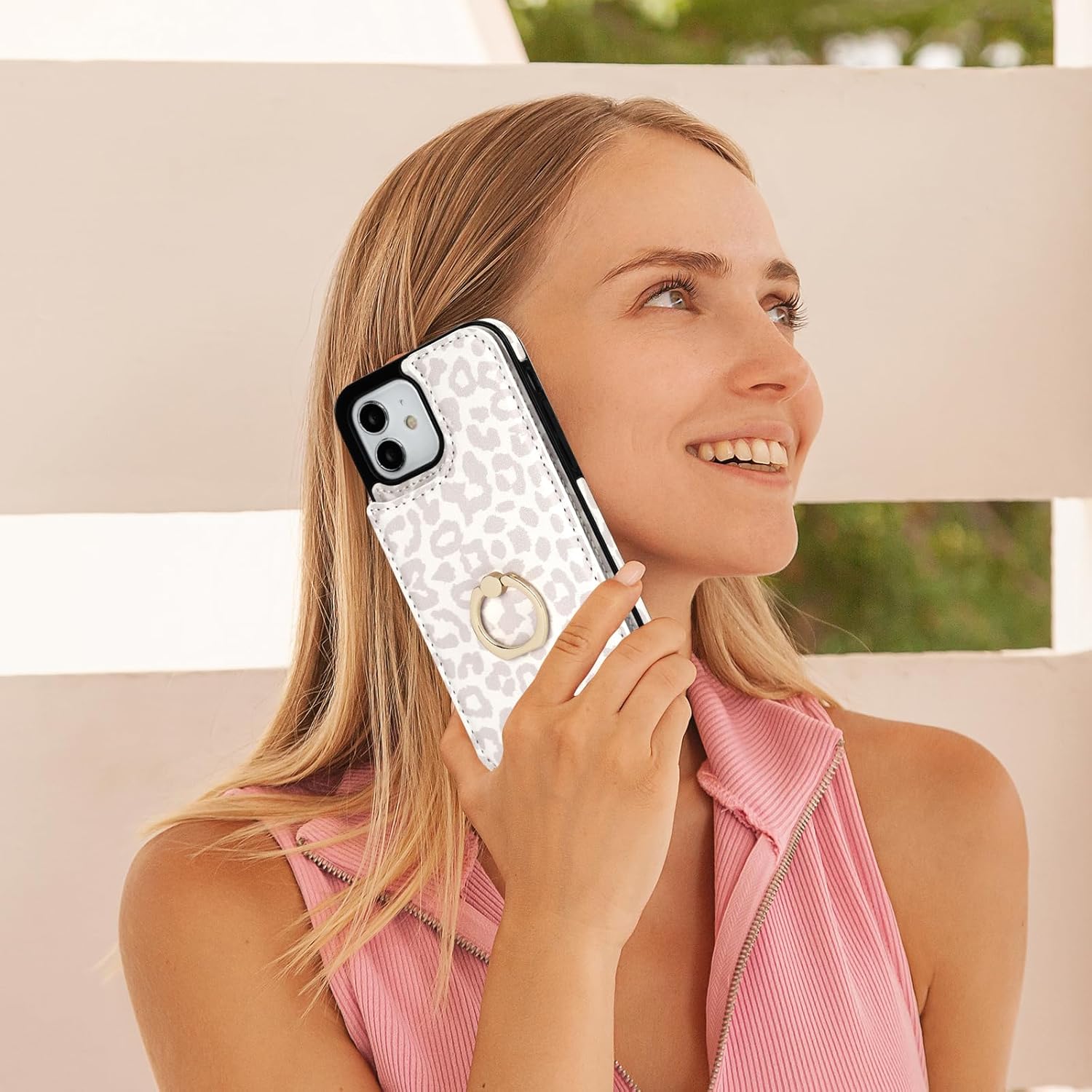 HAOPINSH for iPhone 12/ iPhone 12 Pro Wallet Case with Card Holder, 360°Rotation Ring Kickstand, White Leopard Pattern, RFID Blocking Leather for Girls Women, Double Buttons Protective Cover 6.1"