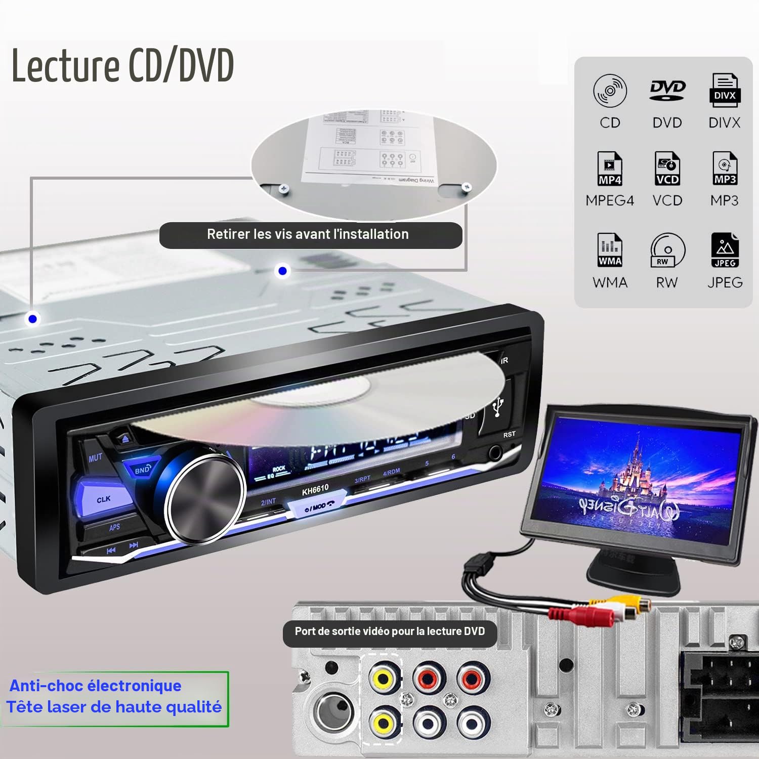 Autoradio Bluetooth USB CD/DVD Lecteur,1 Din Radio RDS FM AM MP3 SD AUX Mains-Libres