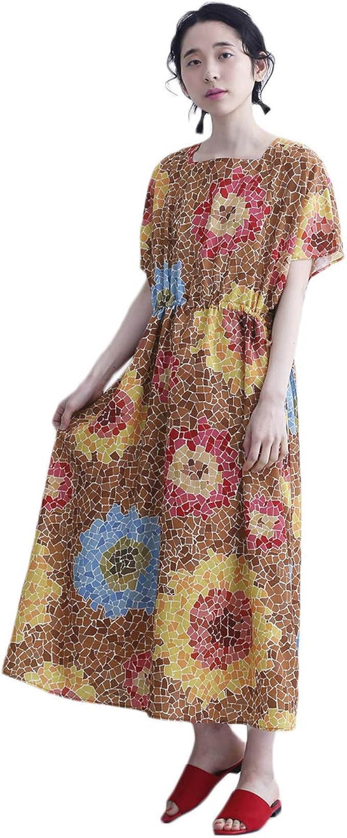 Amazon Co Jp メルロー Merlot ちぎり絵ひまわり柄ワンピース7538 Free ブラウン 服 ファッション小物