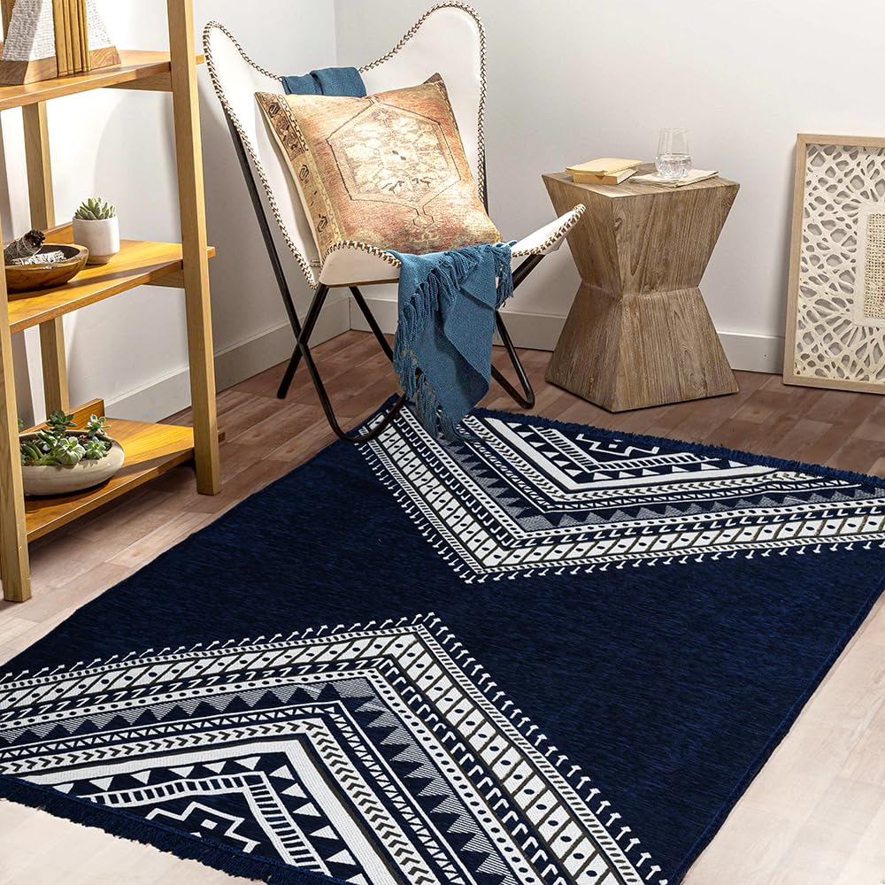 VAS COLLECTIONS Designer Superfine Chenille Carpet | 500 GSM Velvet Carpet/Area Rug/Durries with Fine Yarn for Living Room, Bedroom, Runner| 150x210 cm or 5x7 ft, Blue-image-37