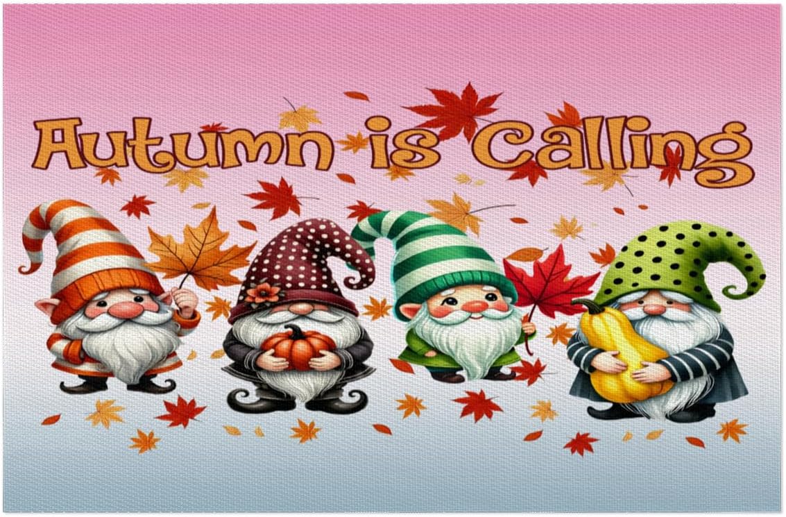 Fall Gnomes Cute Pumpkin Placemats Set of 6 PVC Vinyl Non Slip Table Mats Heat Resistant Place Mats Washable Wipeable Dining Table Mat for Kitchen Decor Party Indoor Outdoor Decorative Gift