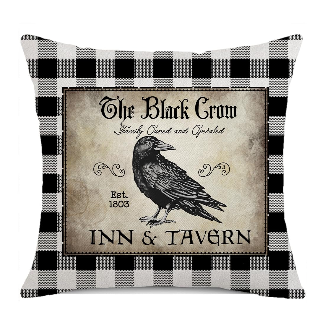 Auomily Black Crow Grunge Pillow Covers 18x18 inch Buffalo Plaid Decorative Throw Pillows INN Tavern Vintage Farmhouse Pillow